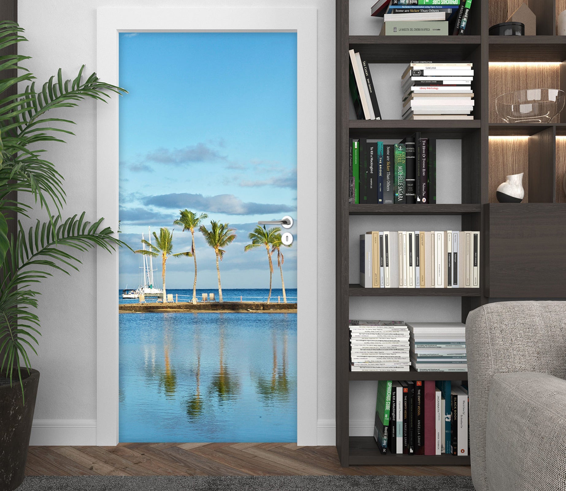 3D Coconut Tree Sea Shadow 11121 Kathy Barefield Door Mural