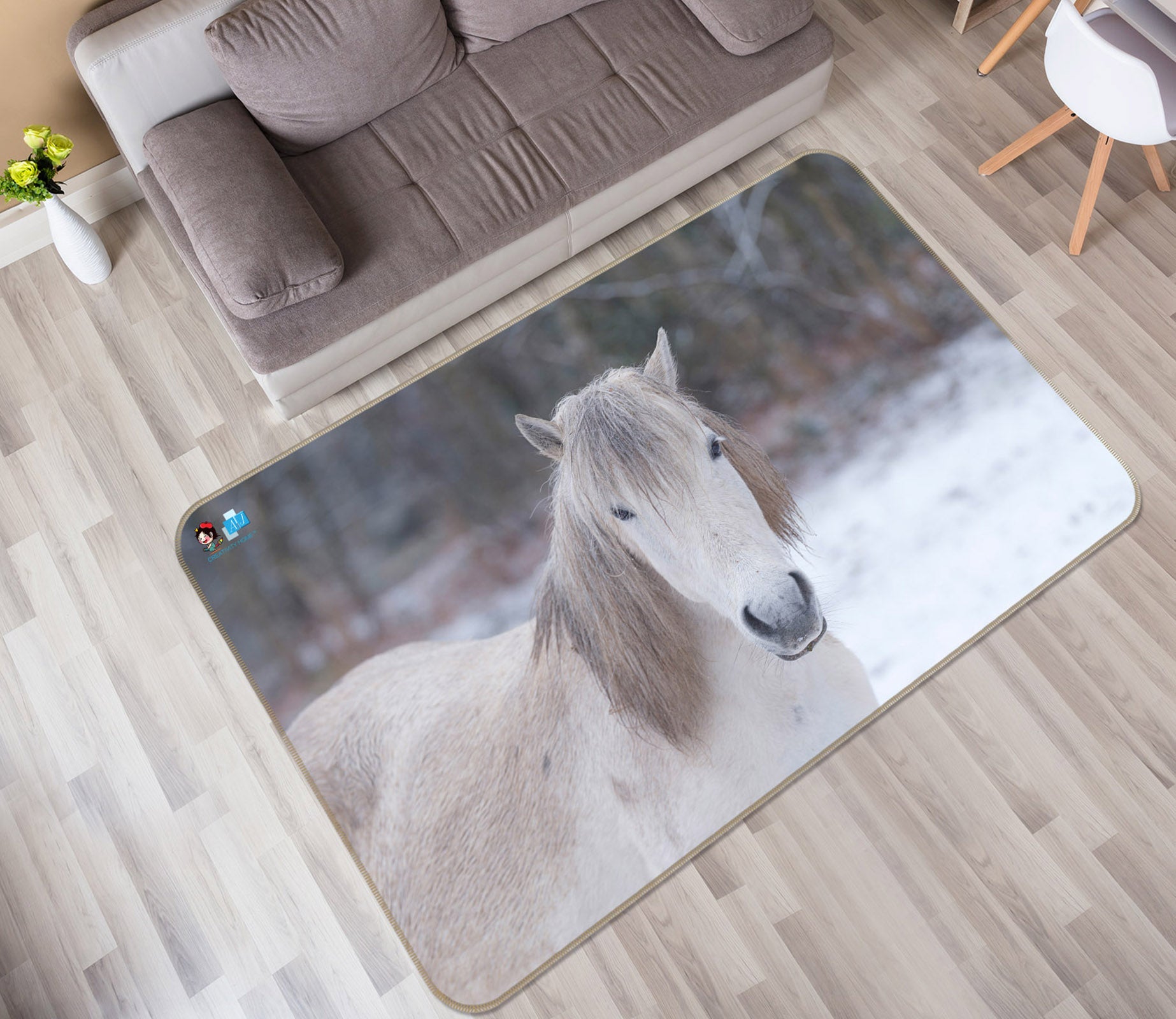 3D White Horse 6767 Assaf Frank Rug Non Slip Rug Mat