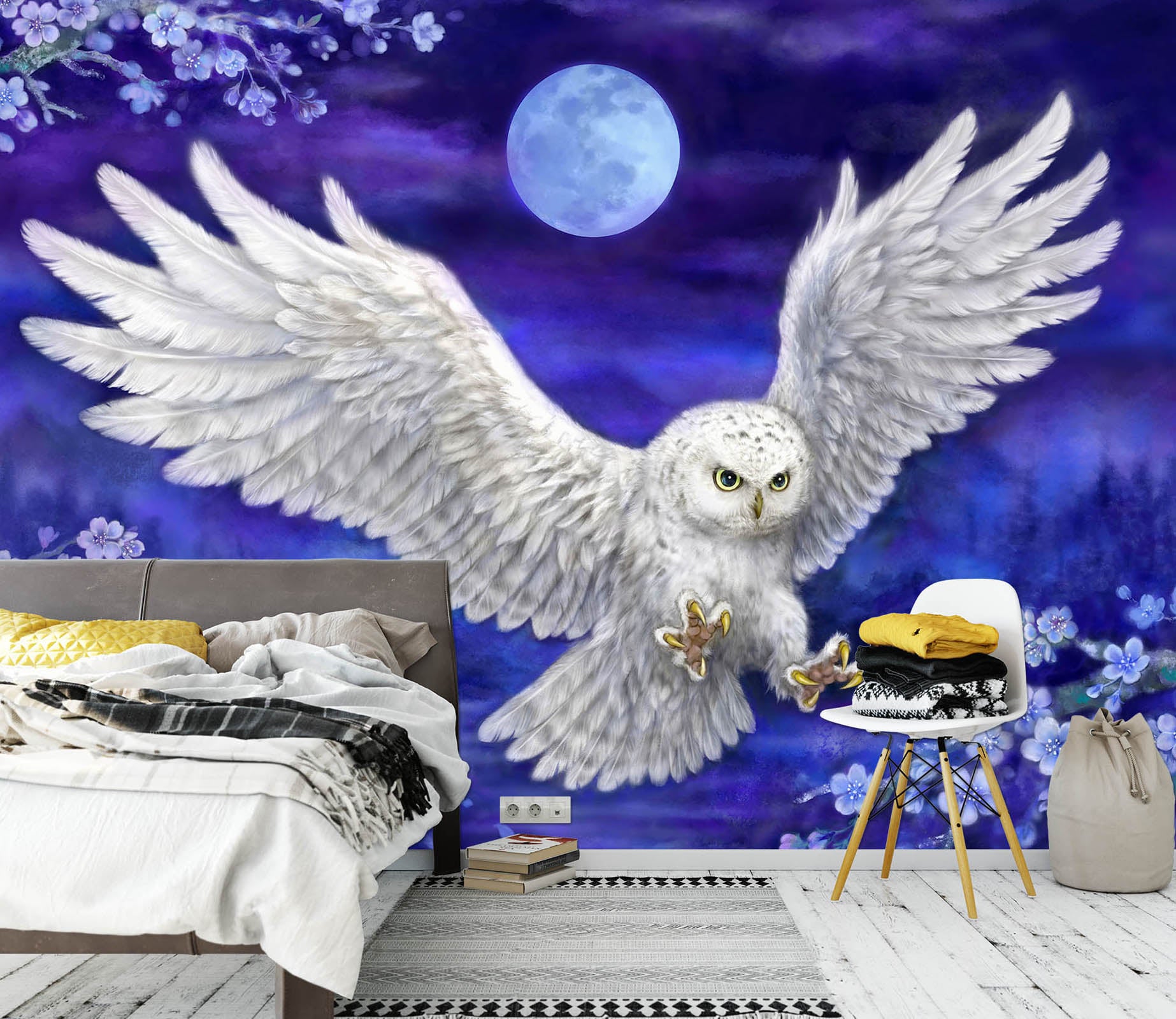 3D White Owl Moon 5451 Kayomi Harai Wall Mural Wall Murals