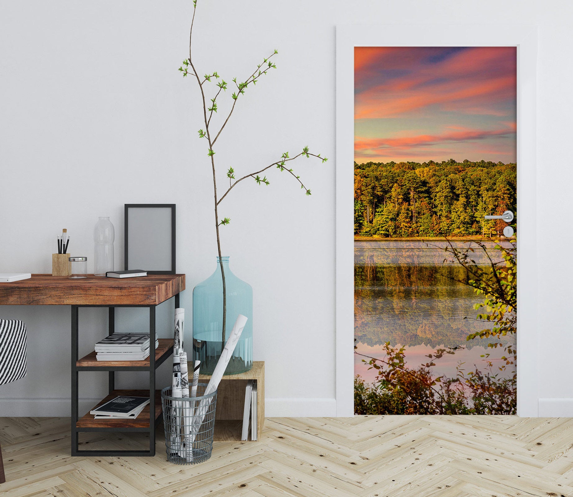 3D Forest Lake Pink Clouds 107227 Beth Sheridan Door Mural