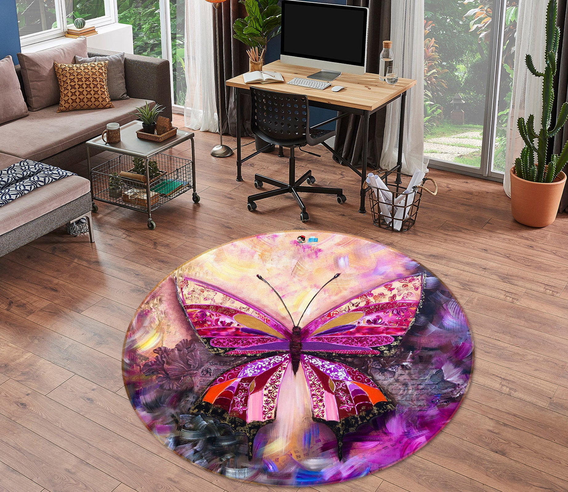 3D Purple Butterfly 858 Skromova Marina Rug Round Non Slip Rug Mat