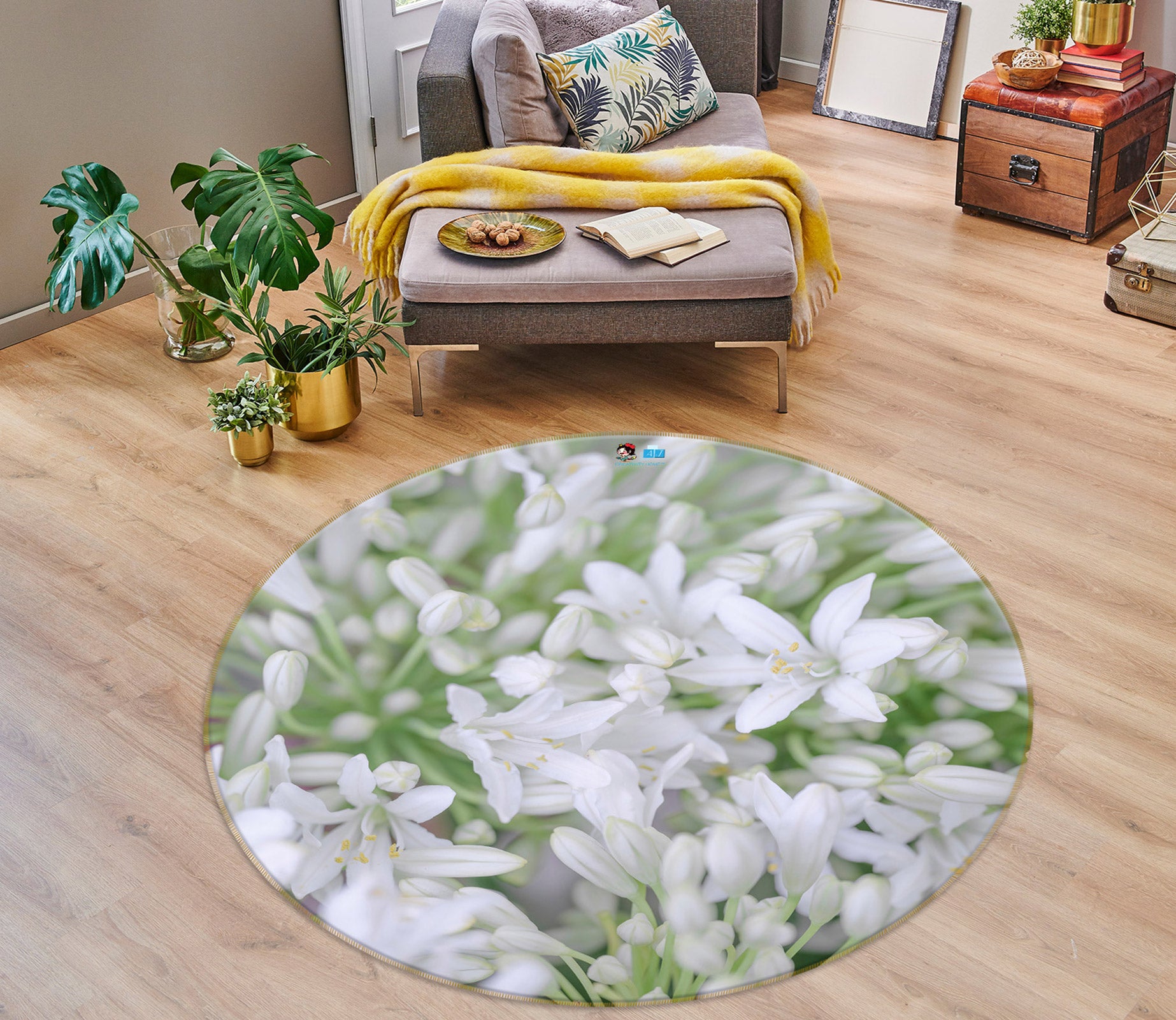 3D White Flower 7568 Assaf Frank Rug Round Non Slip Rug Mat