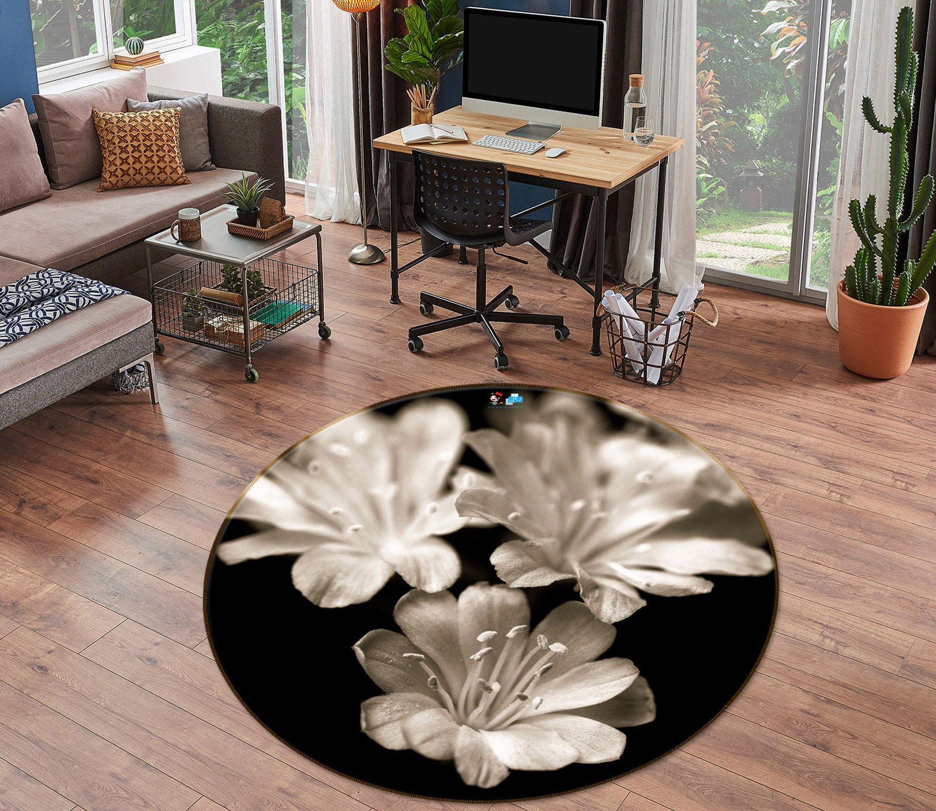 3D Grey Flowers 7301 Assaf Frank Rug Round Non Slip Rug Mat