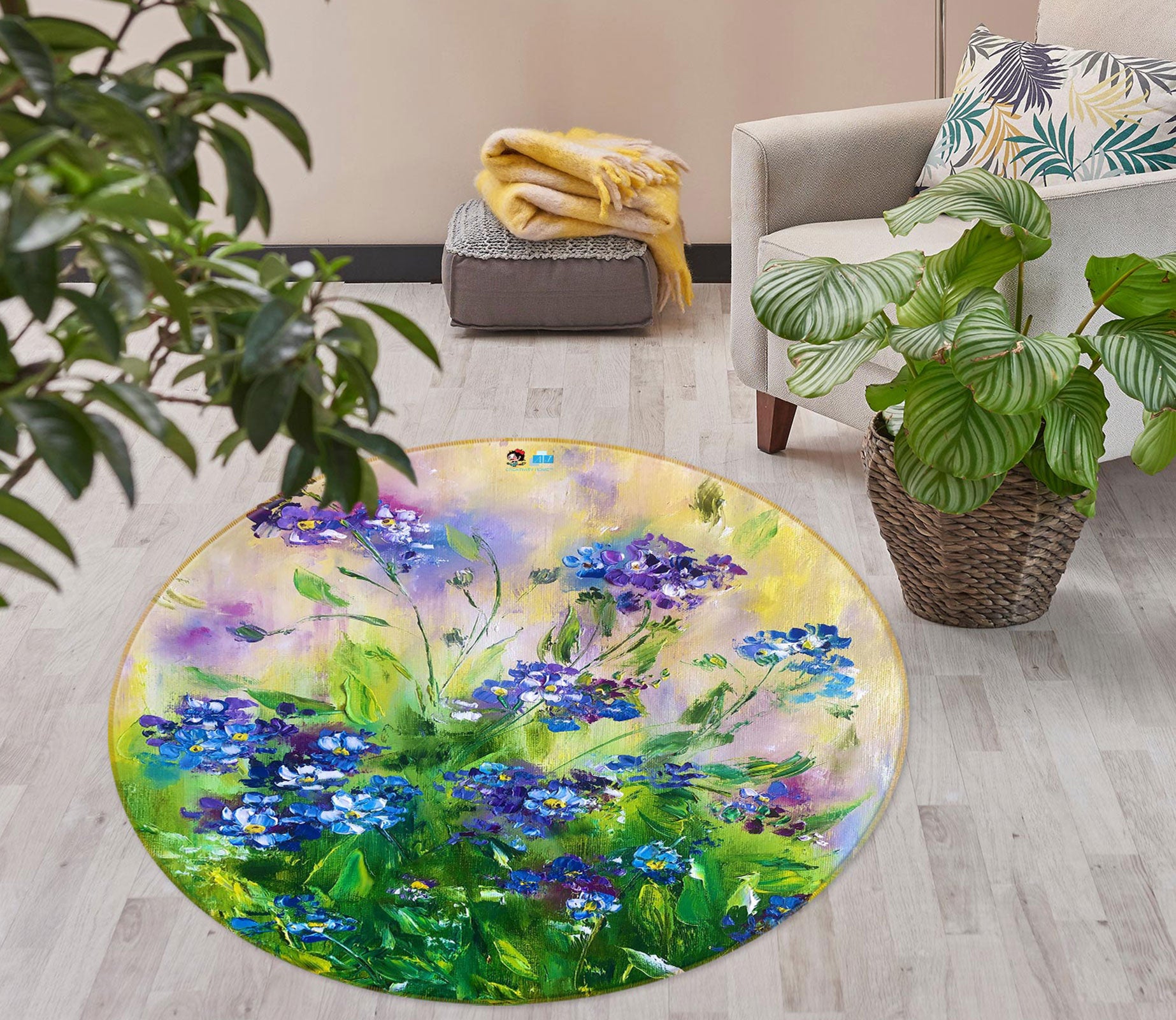 3D Blue Wildflowers 765 Skromova Marina Rug Round Non Slip Rug Mat