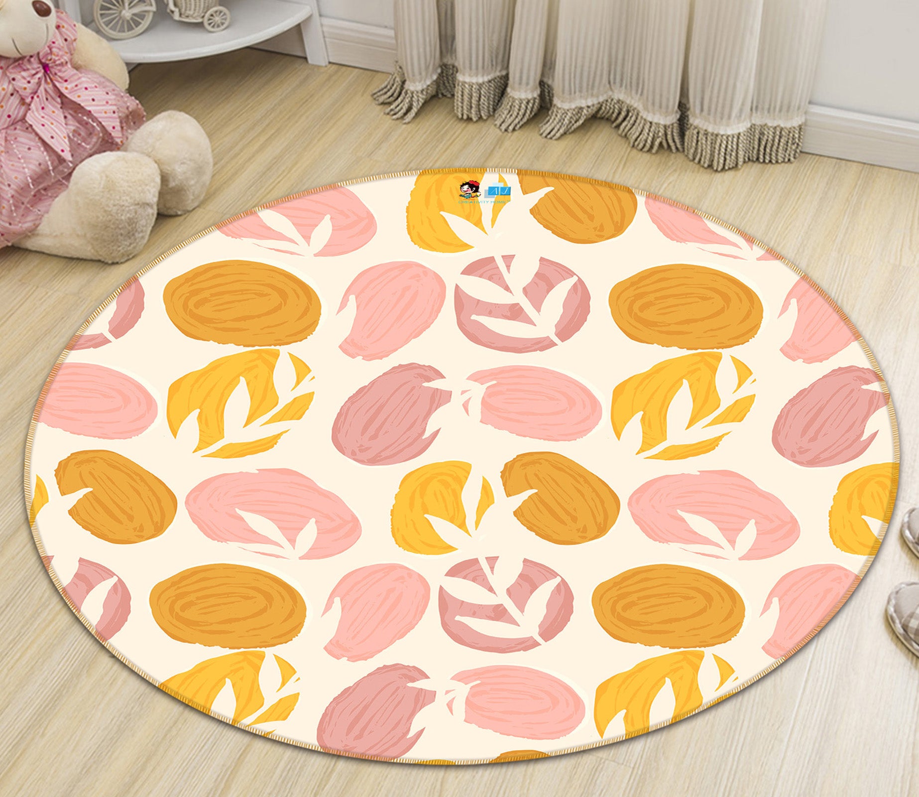 3D Yellow Pink Circle Leaf Pattern 10549 Kashmira Jayaprakash Rug Round Non Slip Rug Mat