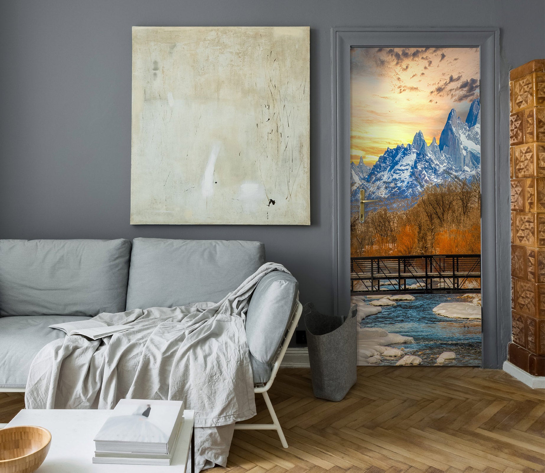 3D Snow Mountain Trees River 10858 Beth Sheridan Door Mural