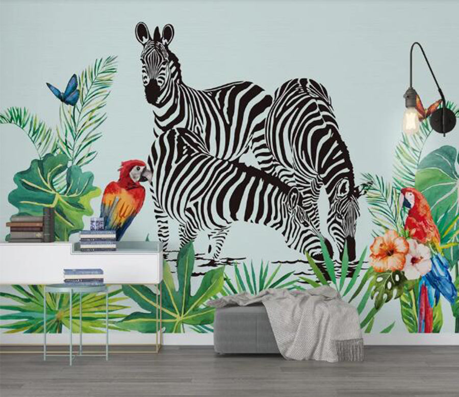 3D Zebra Parrot WC576 Wall Murals