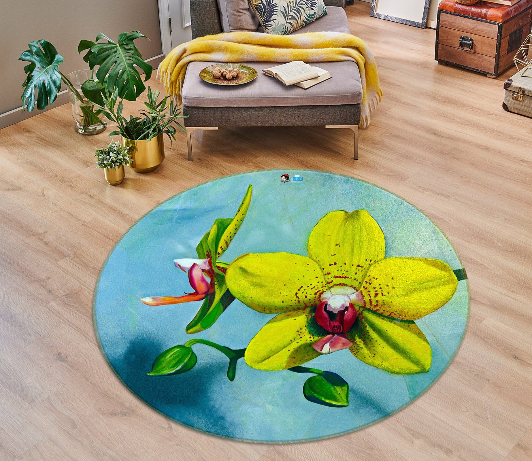 3D Yellow Flower 110106 Matthew Holden Bates Rug Round Non Slip Rug Mat