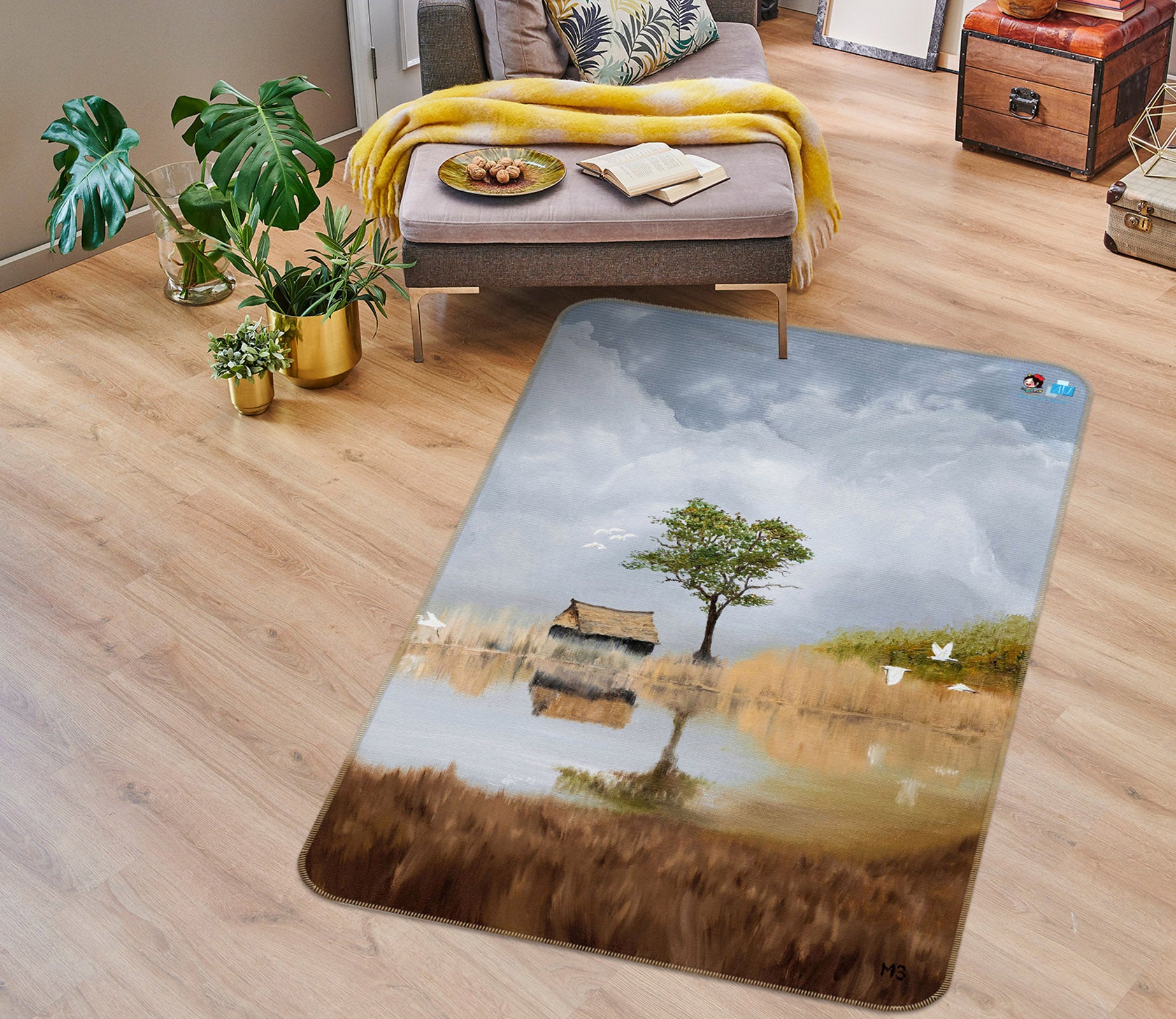 3D Grass Tree Cabin 18114 Marina Zotova Rug Non Slip Rug Mat