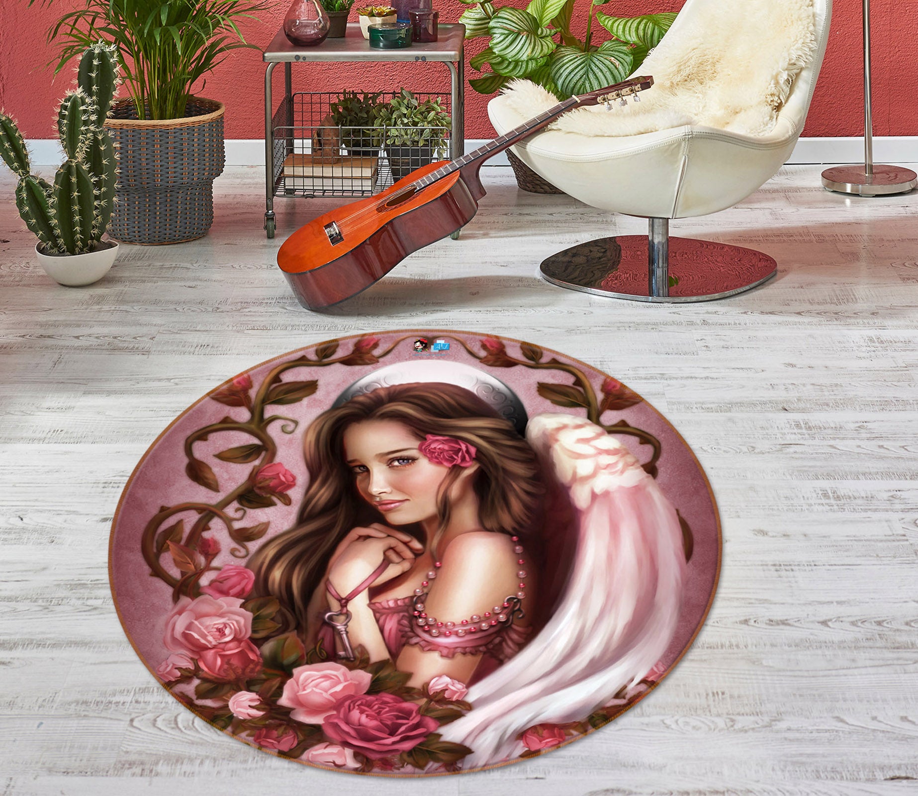 3D Pink Rose Woman 8904 Brigid Ashwood Rug Round Non Slip Rug Mat