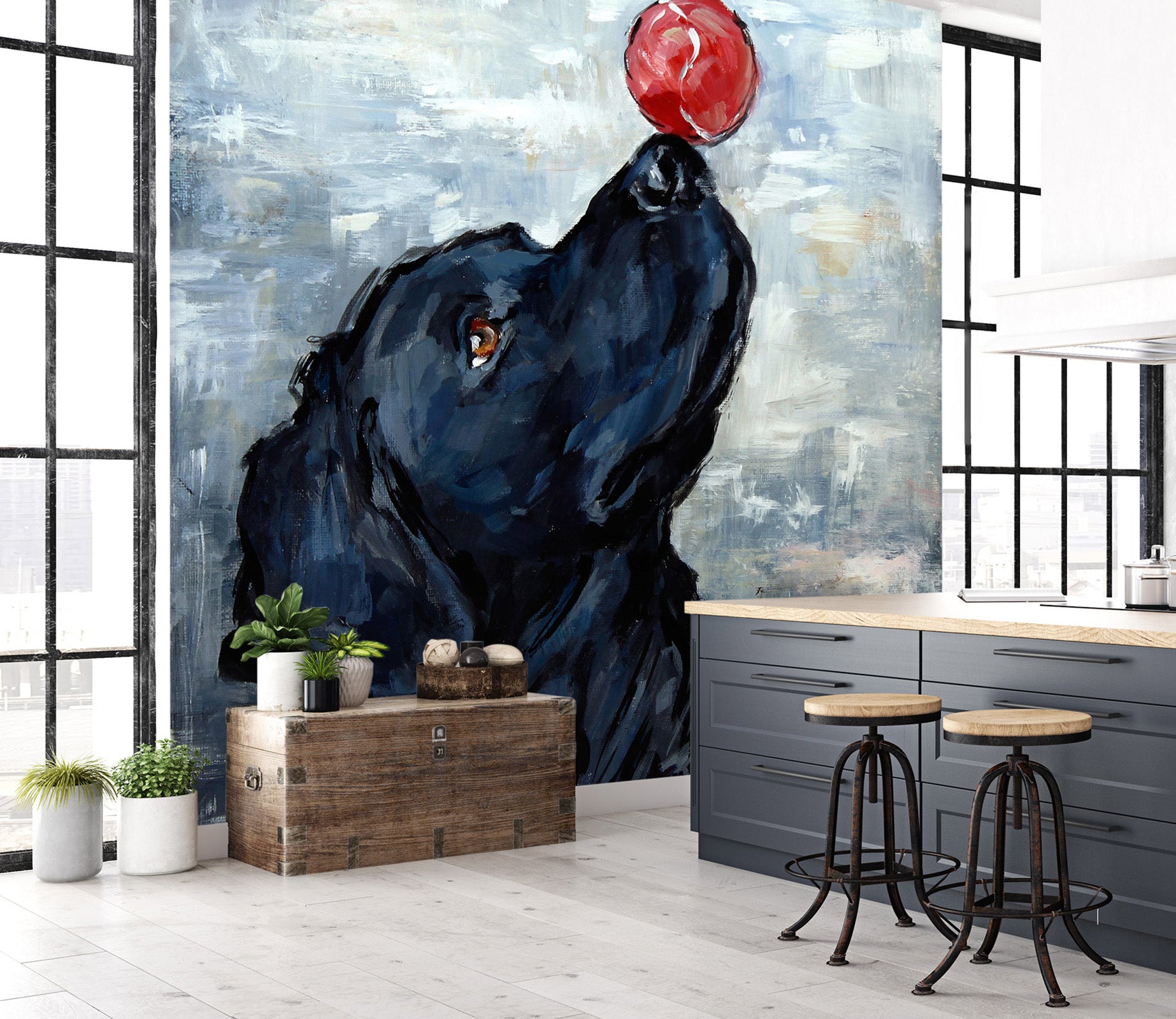 3D Black Dog Red Ball 3107 Debi Coules Wall Mural Wall Murals