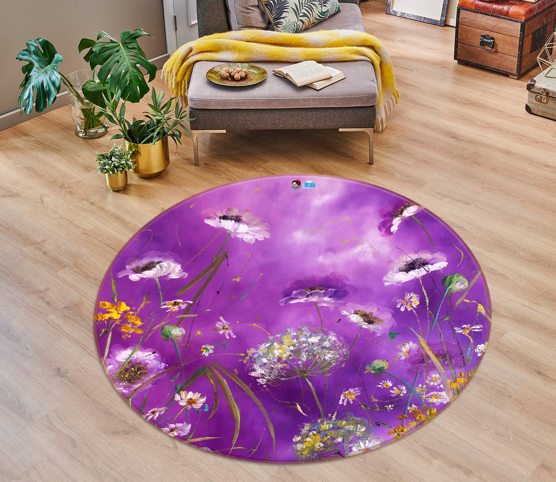 3D Purple Flower 836 Skromova Marina Rug Round Non Slip Rug Mat