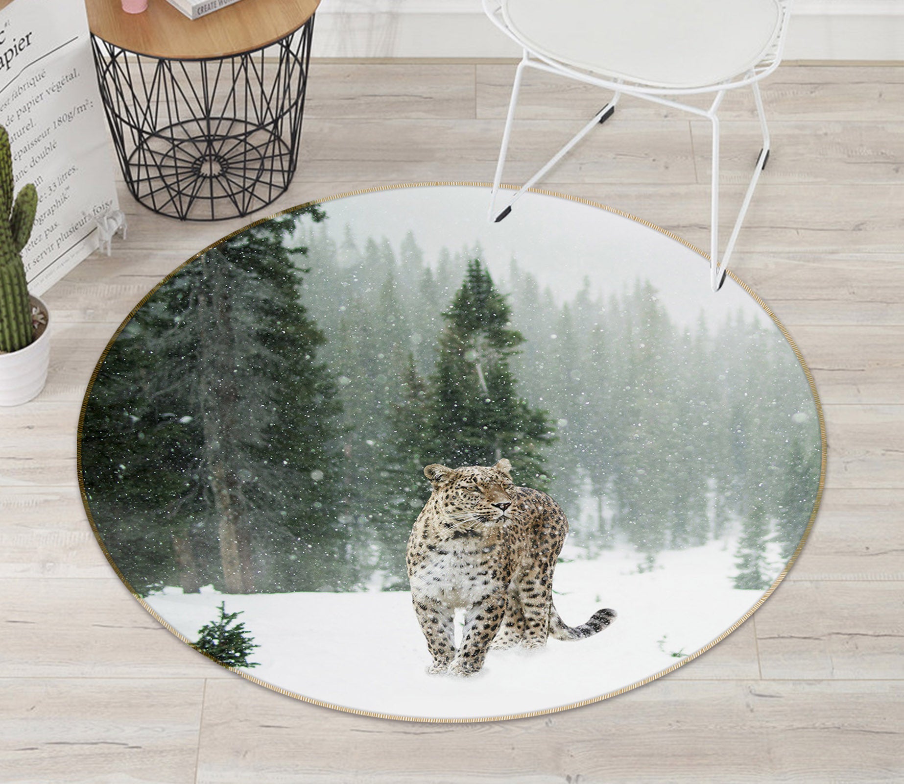 3D Snowfield Leopard 82040 Animal Round Non Slip Rug Mat