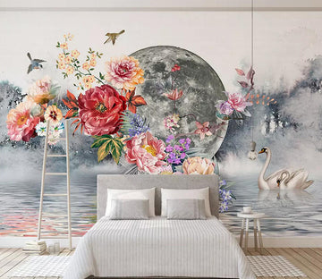 3D Moon Swan Flower WC604 Wall Murals