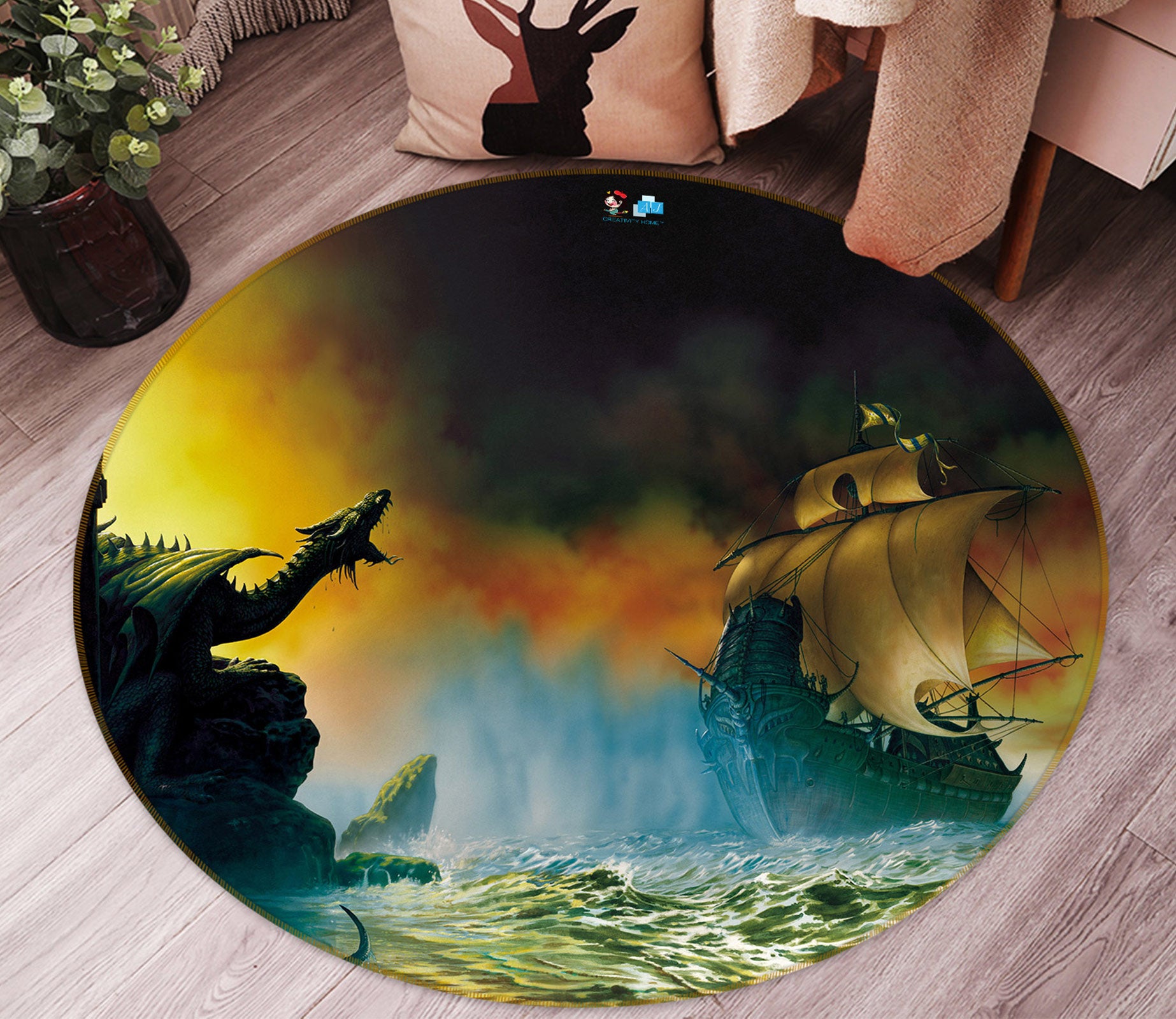 3D Ocean Sailboat Dragon 6065 Ciruelo Rug Round Non Slip Rug Mat