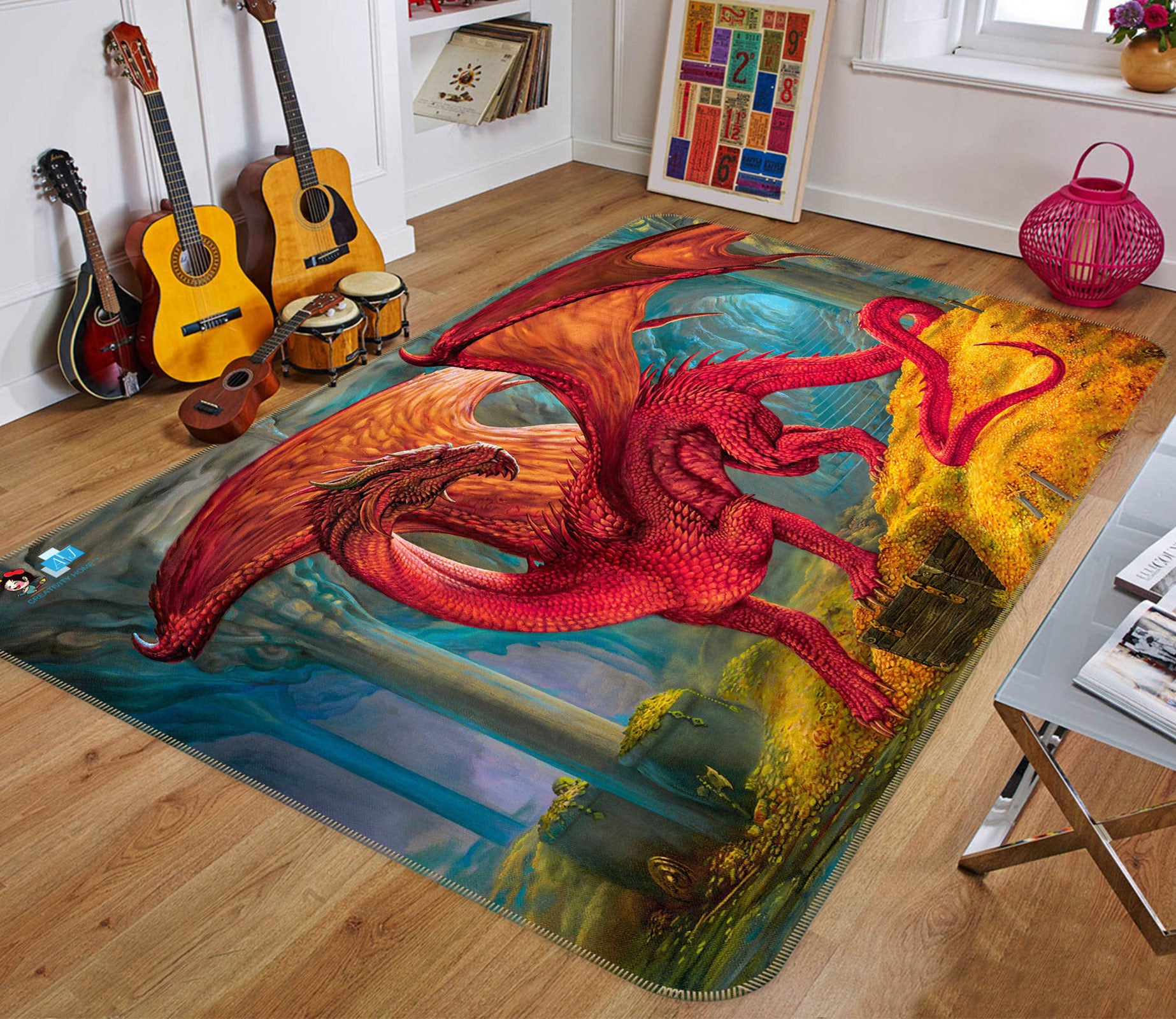 3D Red Dragon 5172 Ciruelo Rug Non Slip Rug Mat