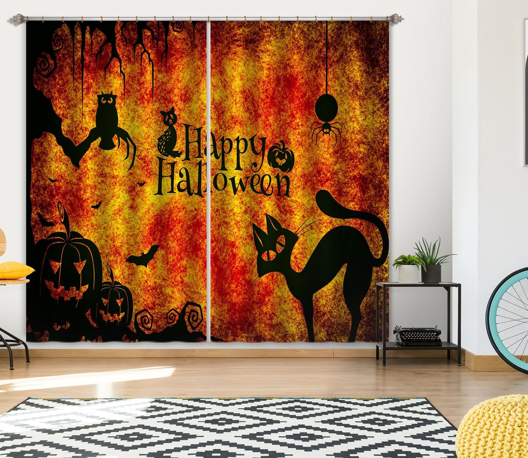 3D Pumpkin Black Cat 035 Halloween Curtains Drapes Curtains AJ Creativity Home 