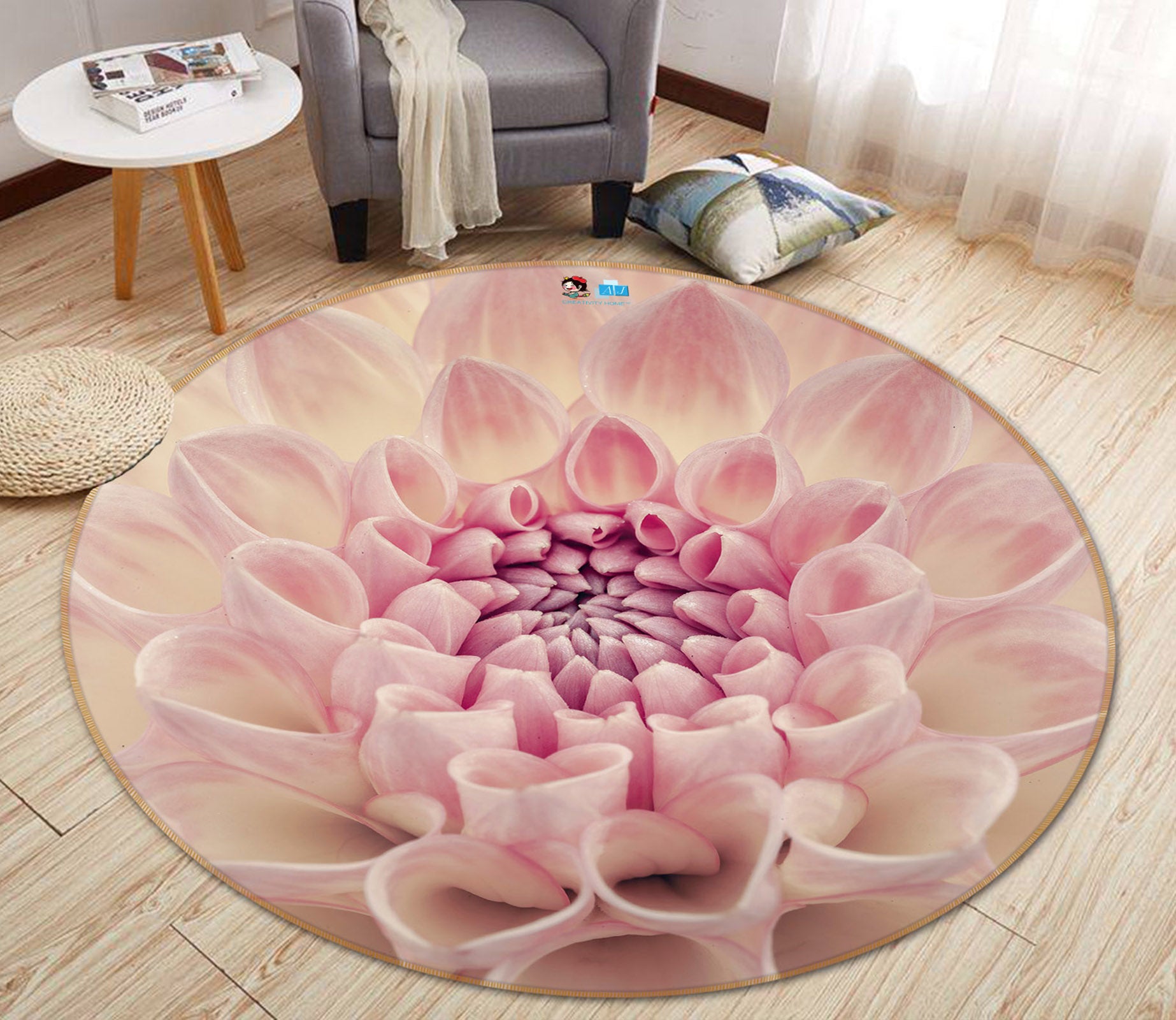 3D Pink Flower Bud 7331 Assaf Frank Rug Round Non Slip Rug Mat