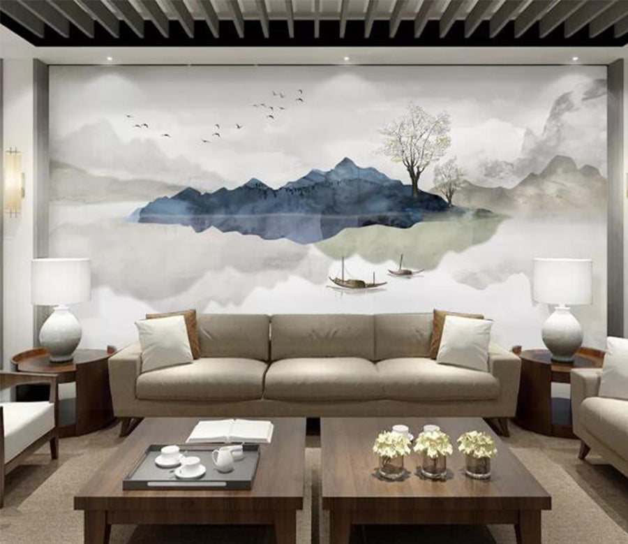 3D Mountain Boat WC1270 Wall Murals