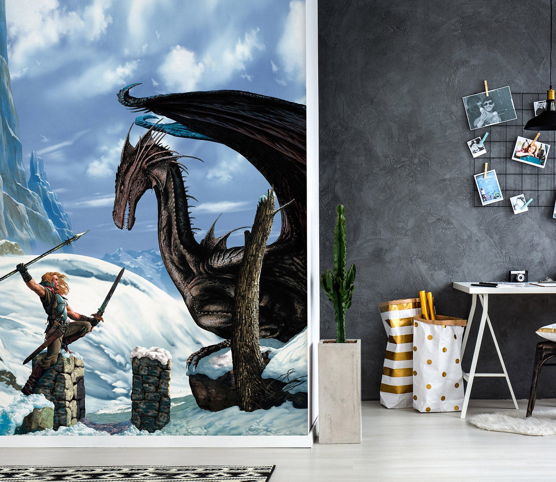 3D Snow Mountain Man Fighting Dragon 7088 Ciruelo Wall Mural Wall Murals