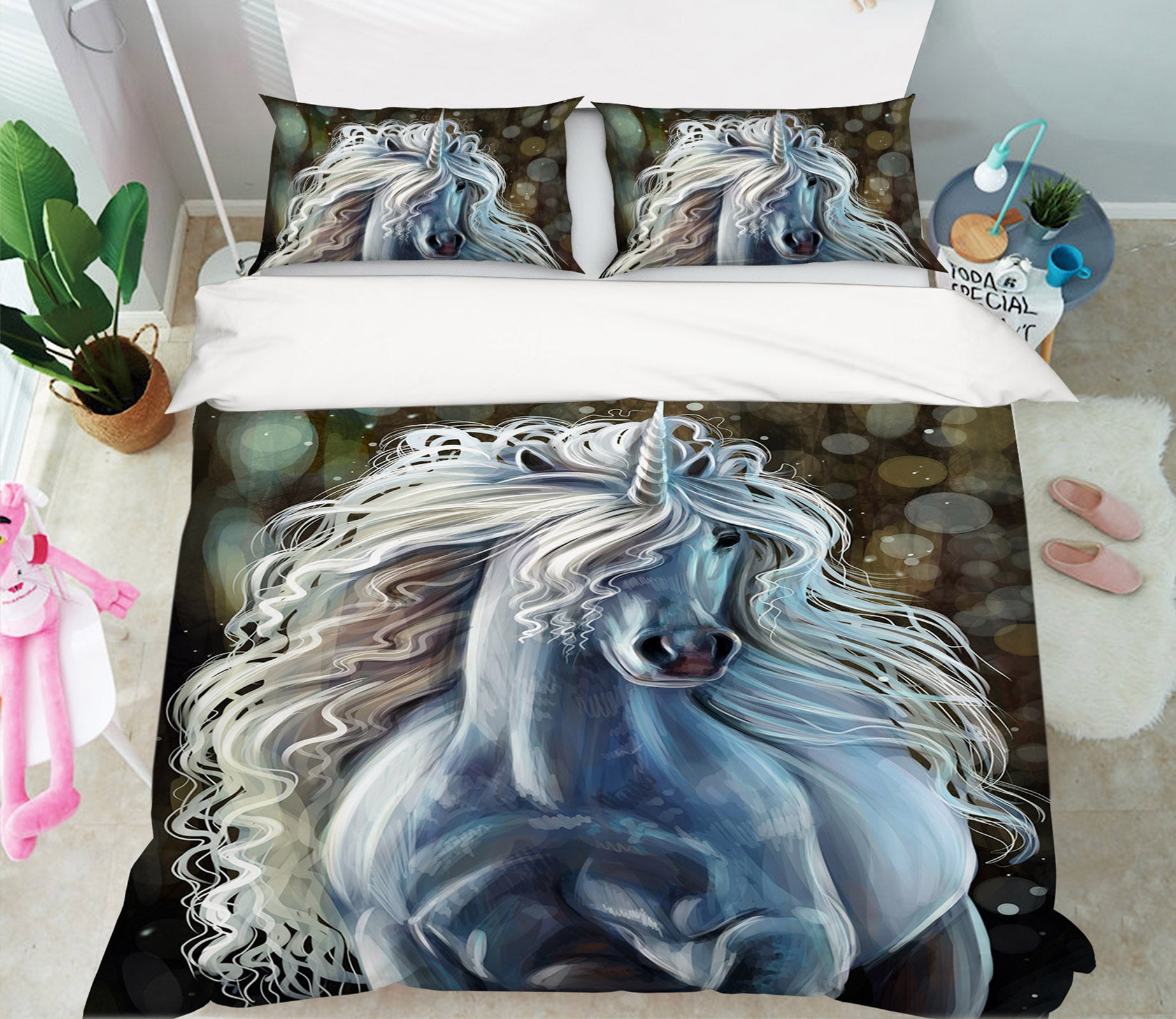 3D White Unicorn 030 Bed Pillowcases Quilt