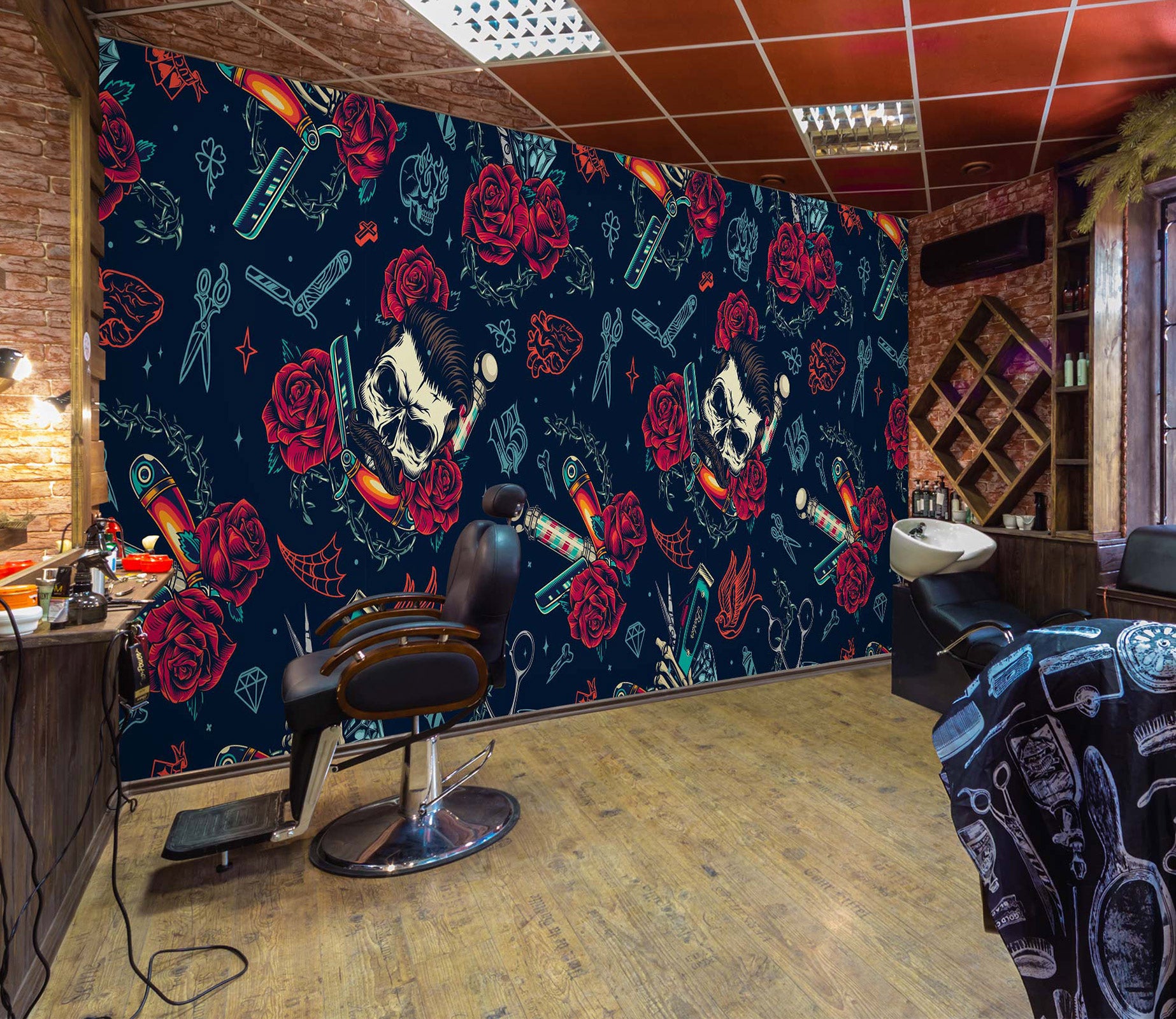 3D Scissors Rose Skull 115190 Barber Shop Wall Murals