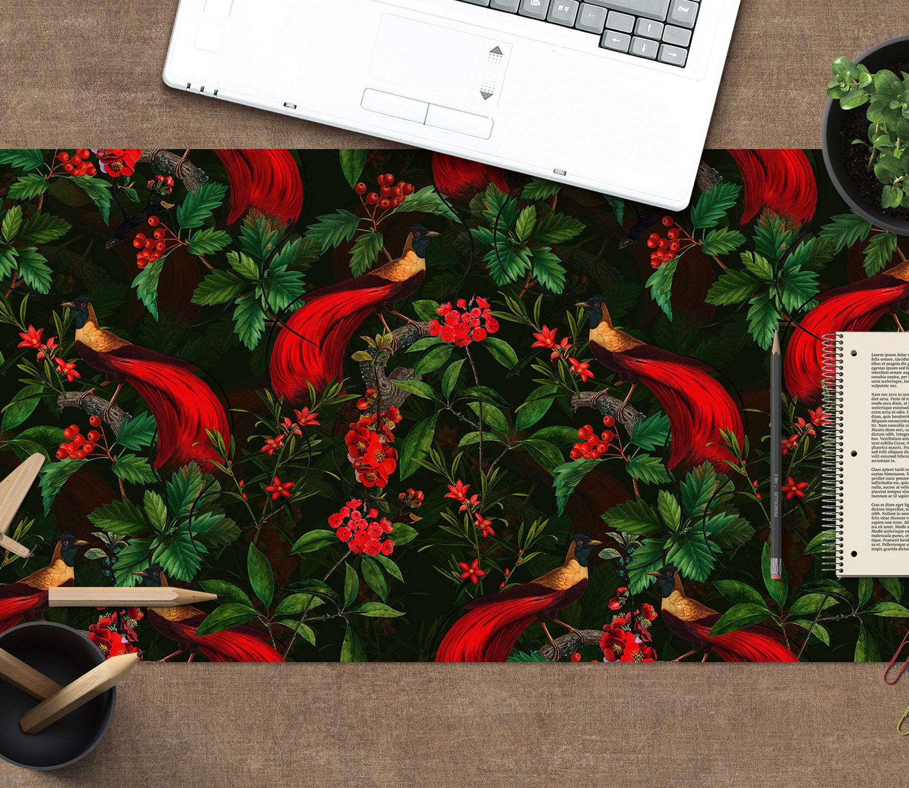 3D Red Bird Flower Bush 120213 Uta Naumann Desk Mat