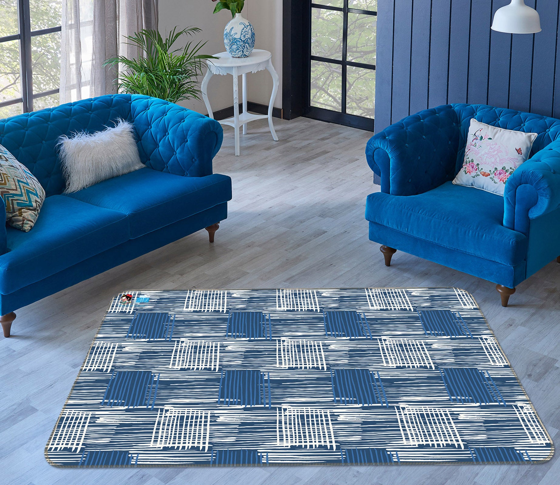 3D Blue White Stripes 10777 Kashmira Jayaprakash Rug Non Slip Rug Mat