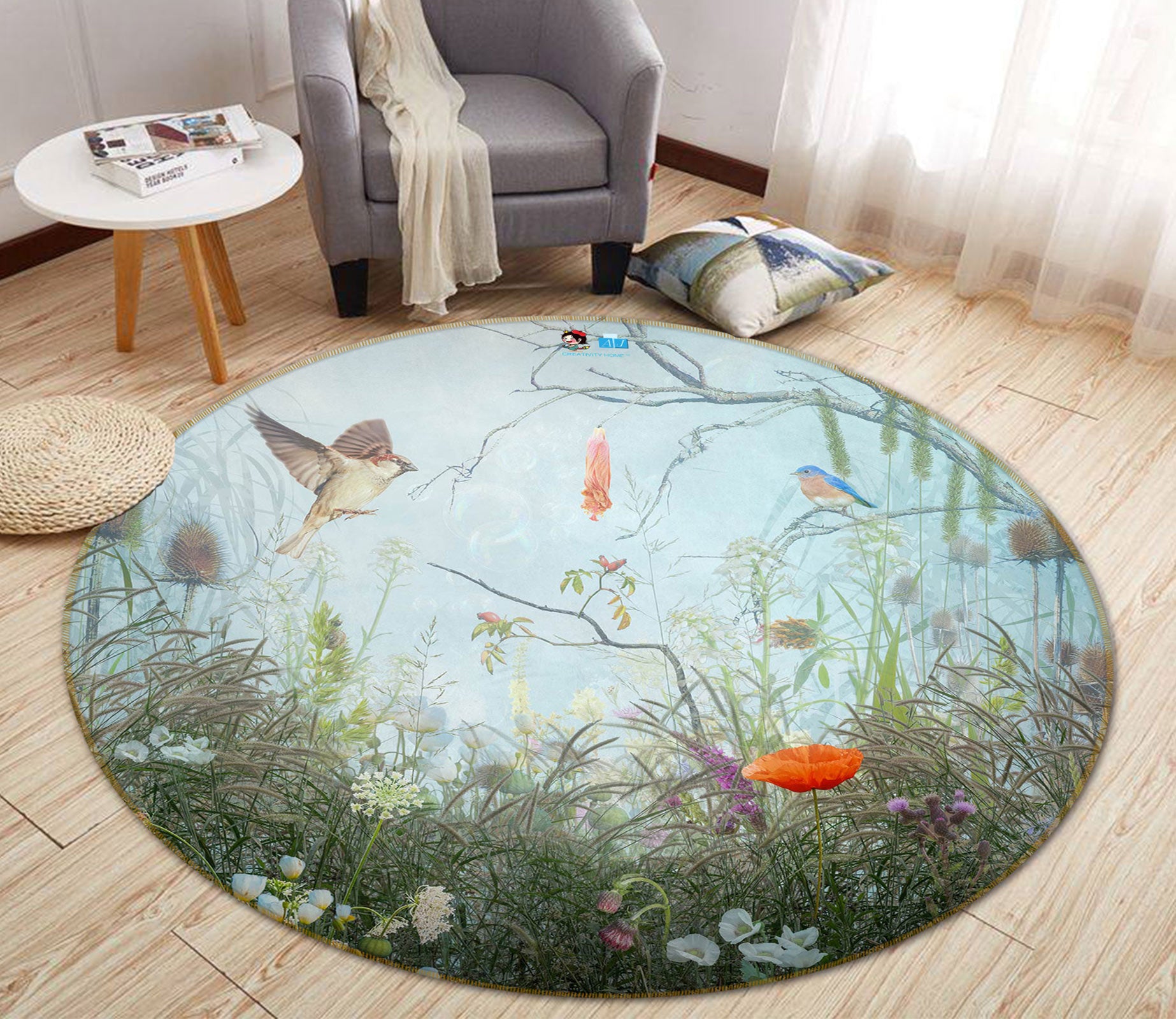 3D Poppy Bird 5017 Beth Sheridan Rug Round Non Slip Rug Mat