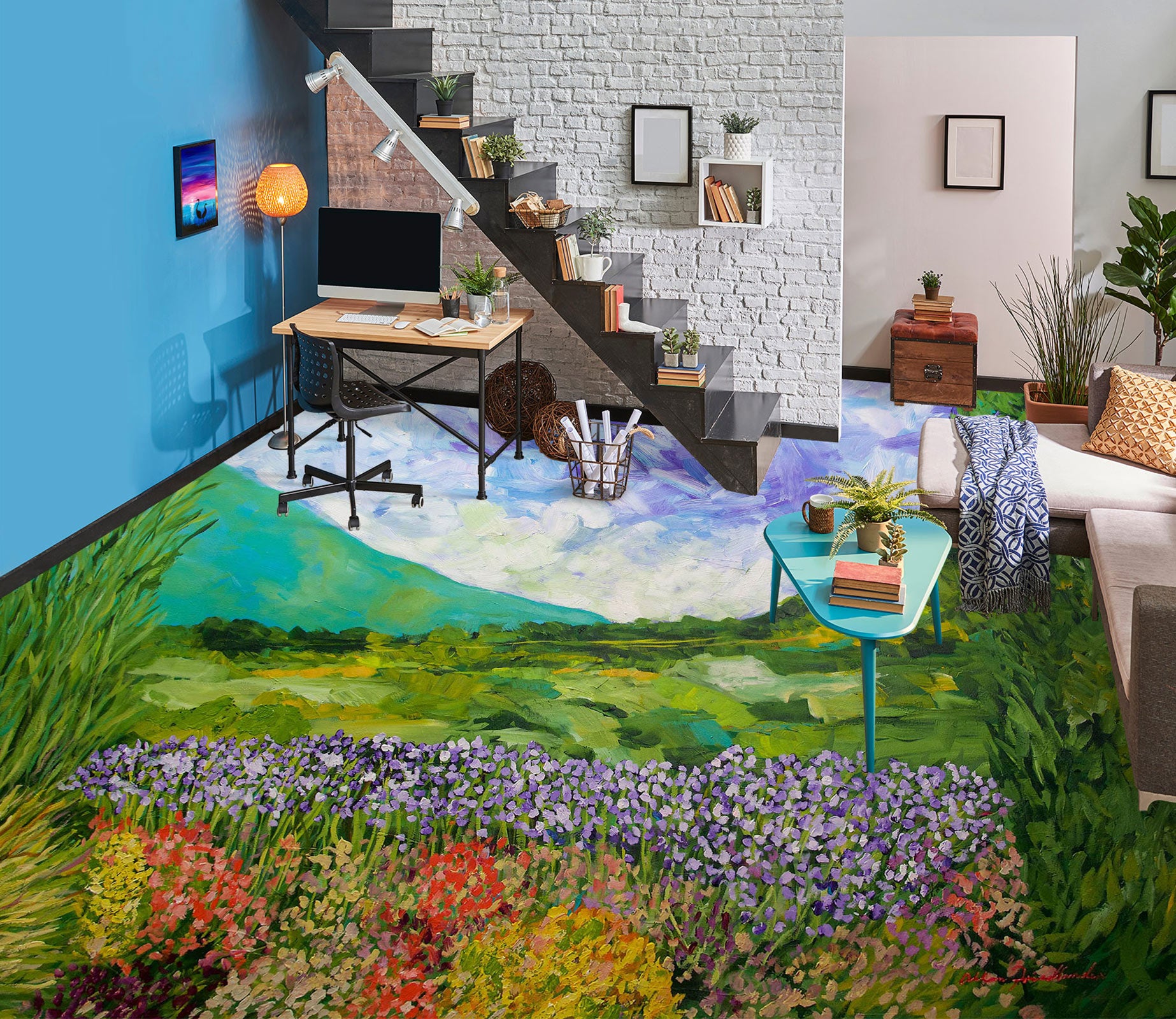 3D Grass Mountain Flowers 9677 Allan P. Friedlander Floor Mural