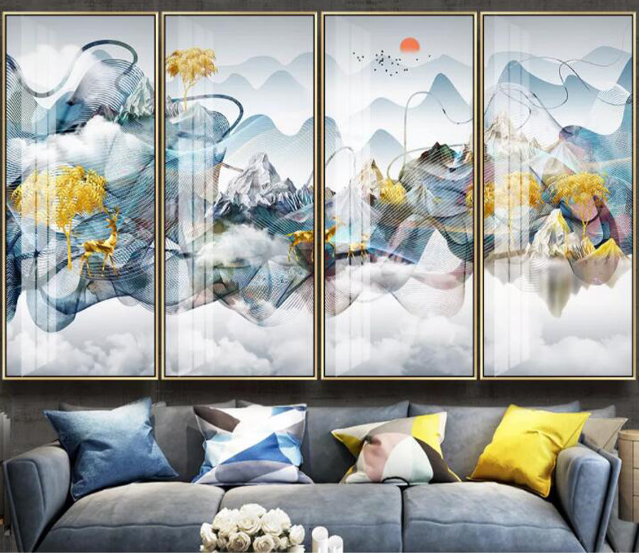 3D Mountain Golden Tree WC2279 Wall Murals