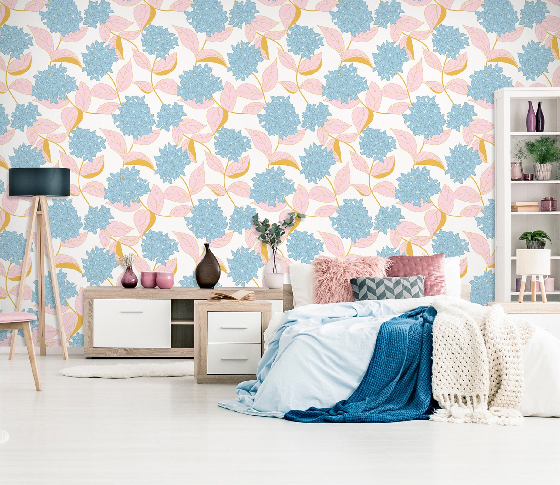 3D Blue Flowers Pink Leaves 12092 Kashmira Jayaprakash Wall Mural Wall Murals