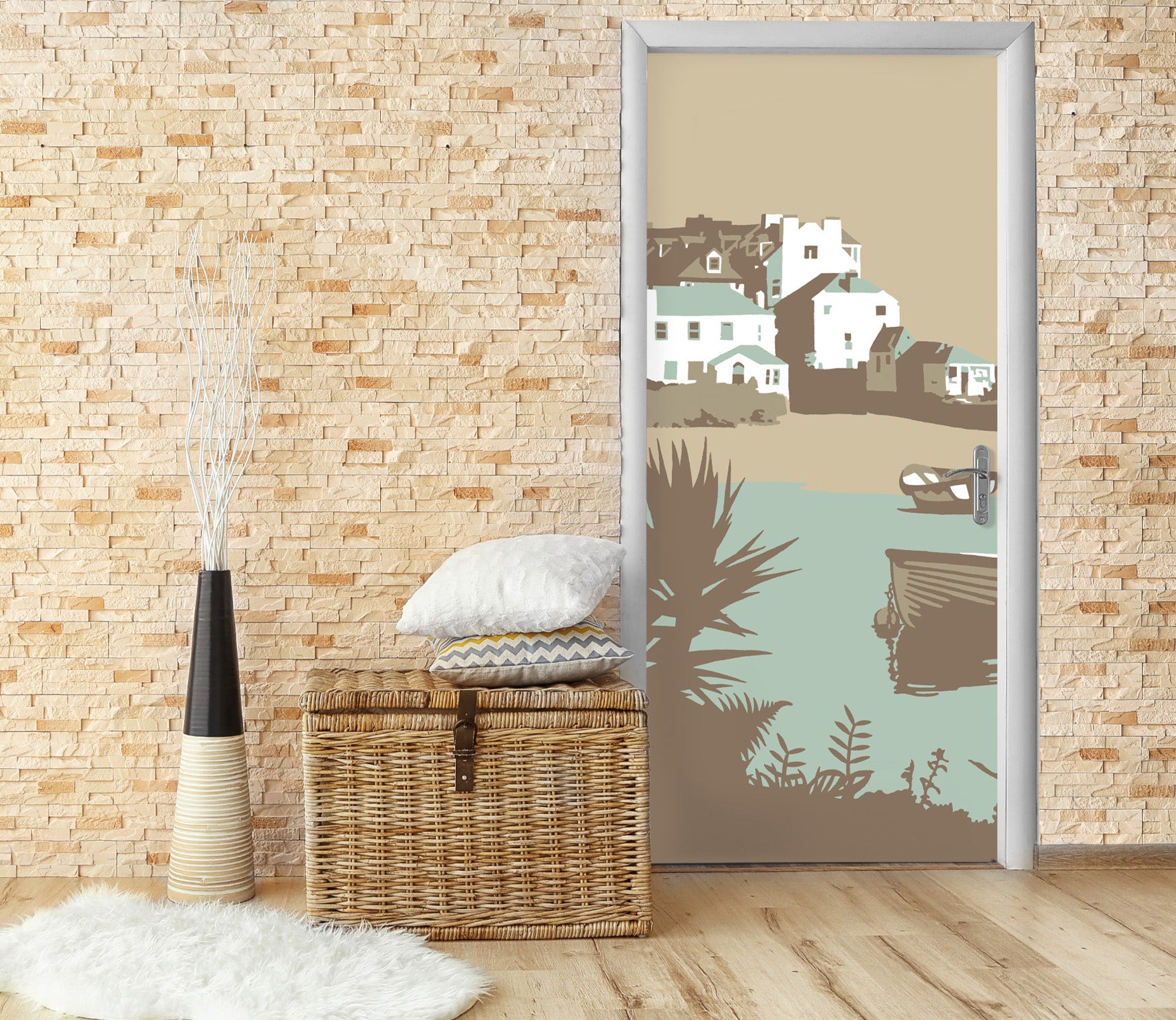 3D Shore House Grass Boat 9280 Steve Read Door Mural