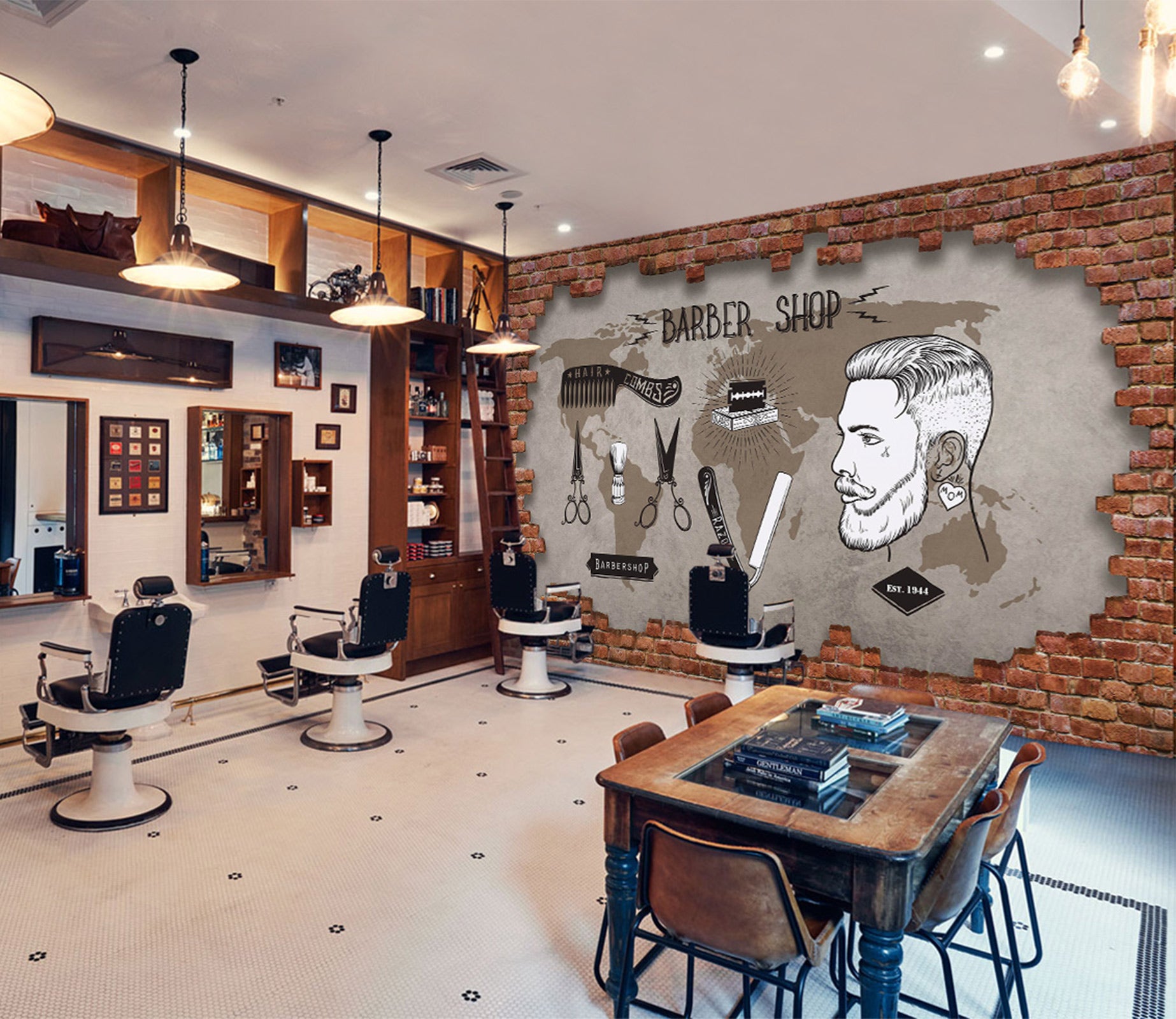 3D Bricks Hair Scissors Comb 115201 Barber Shop Wall Murals