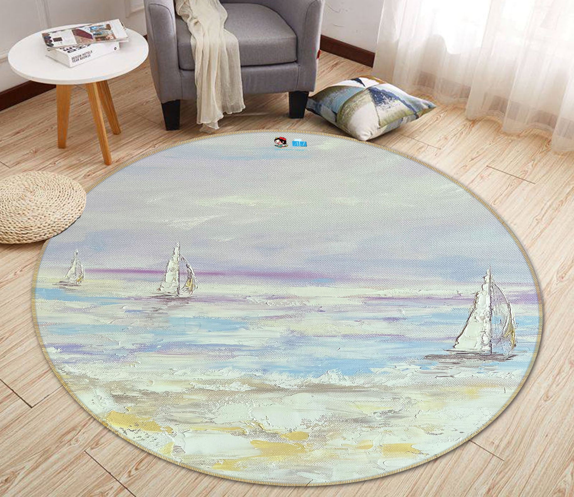 3D Sailing Boat 3874 Skromova Marina Rug Round Non Slip Rug Mat