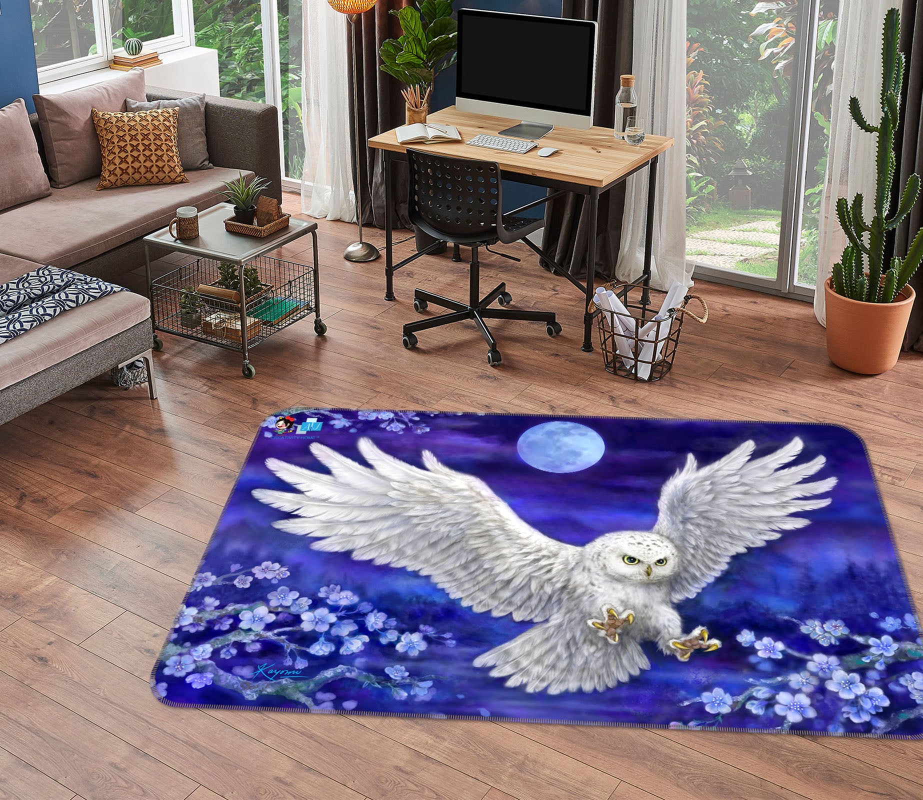 3D White Owl Moon 5651 Kayomi Harai Rug Non Slip Rug Mat