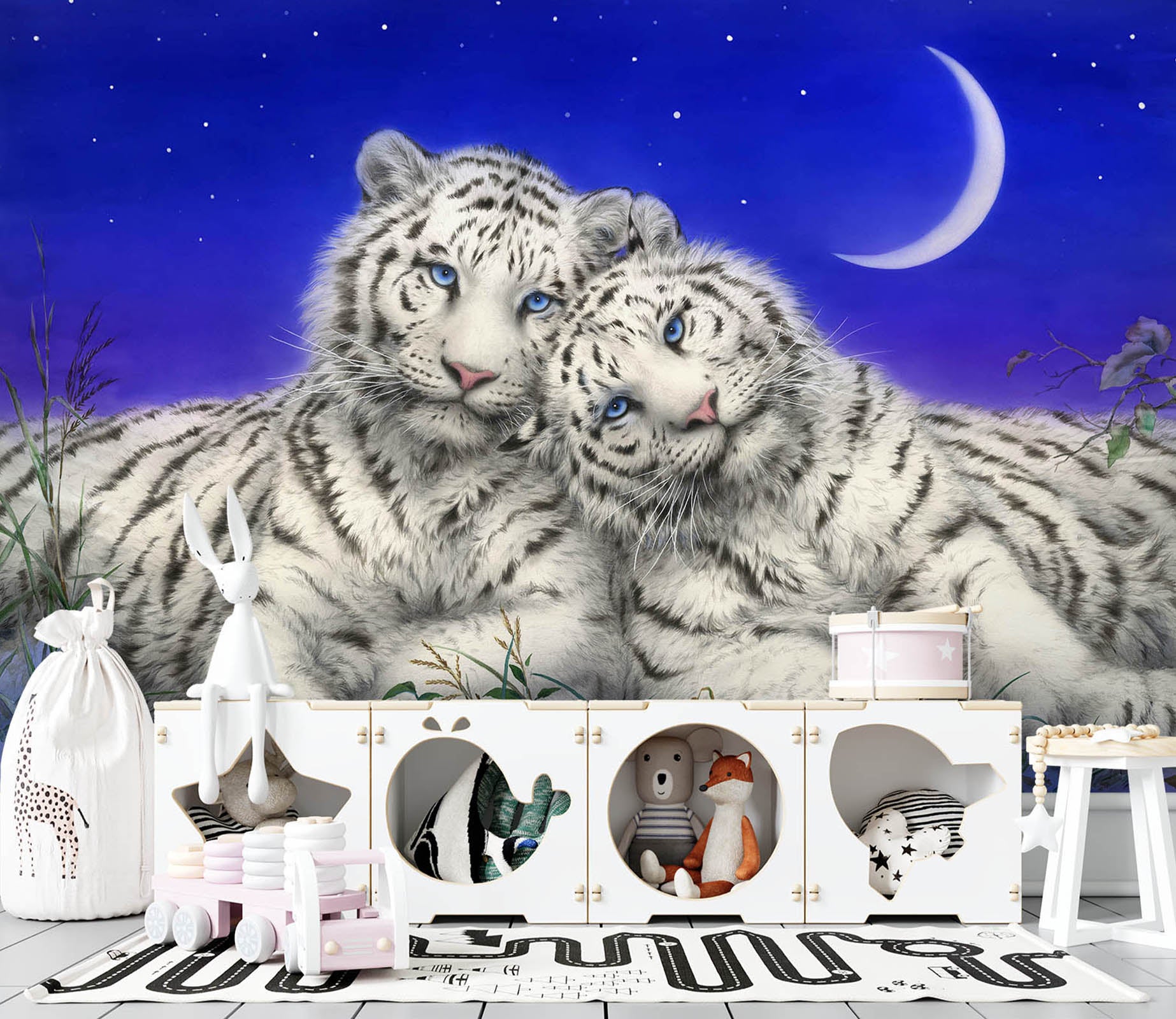 3D White Tiger Moon 5545 Kayomi Harai Wall Mural Wall Murals