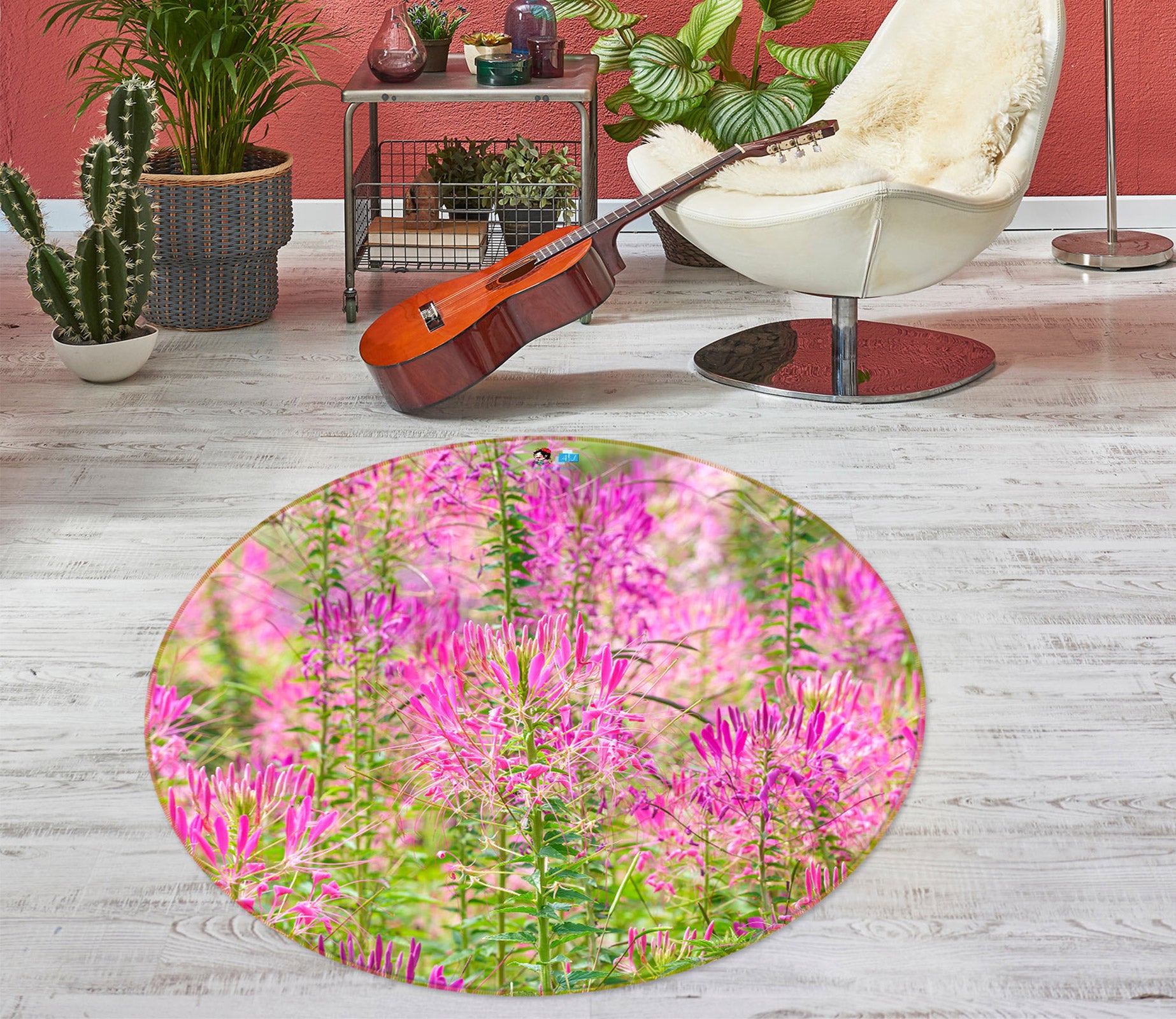 3D Pink Flowers 7567 Assaf Frank Rug Round Non Slip Rug Mat