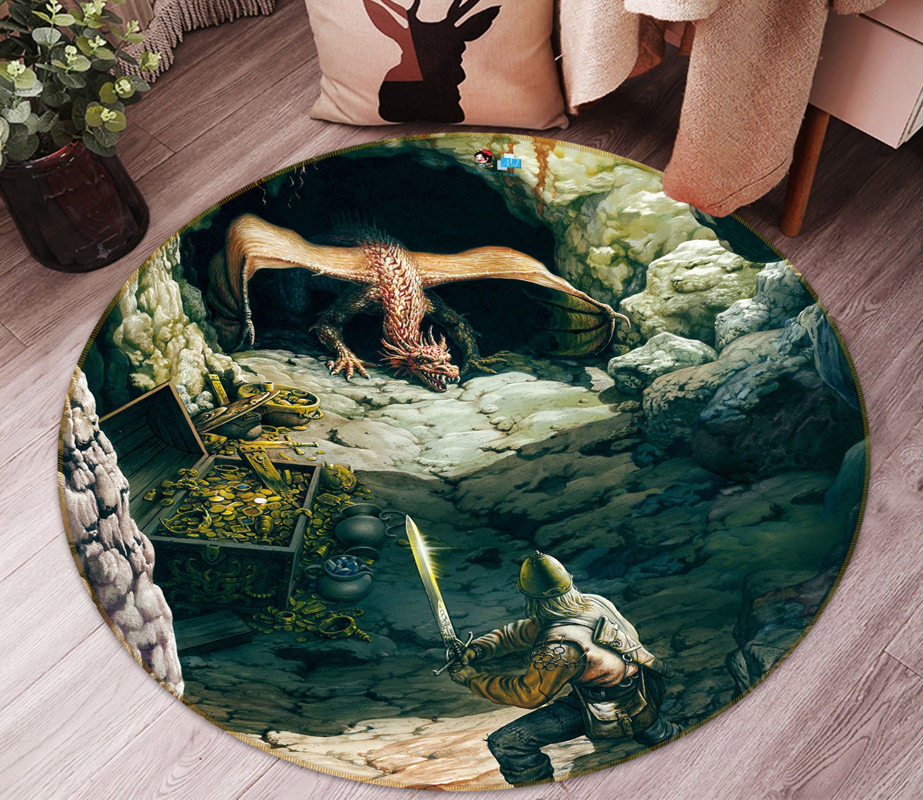 3D Stone Cave Dragon Soldier 6064 Ciruelo Rug Round Non Slip Rug Mat