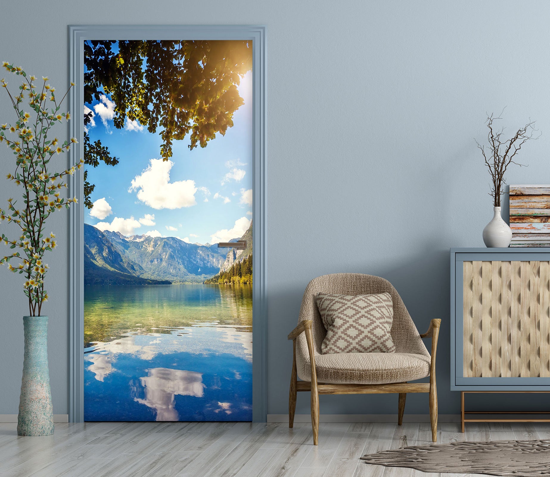 3D Blue Lake Tree 139 Door Mural