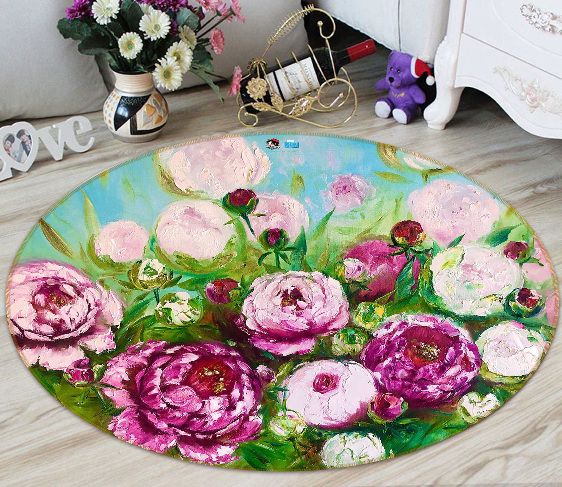 3D Pink Bouquet 733 Skromova Marina Rug Round Non Slip Rug Mat