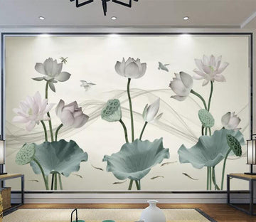 3D Lotus Dragonfly Bird WC2482 Wall Murals