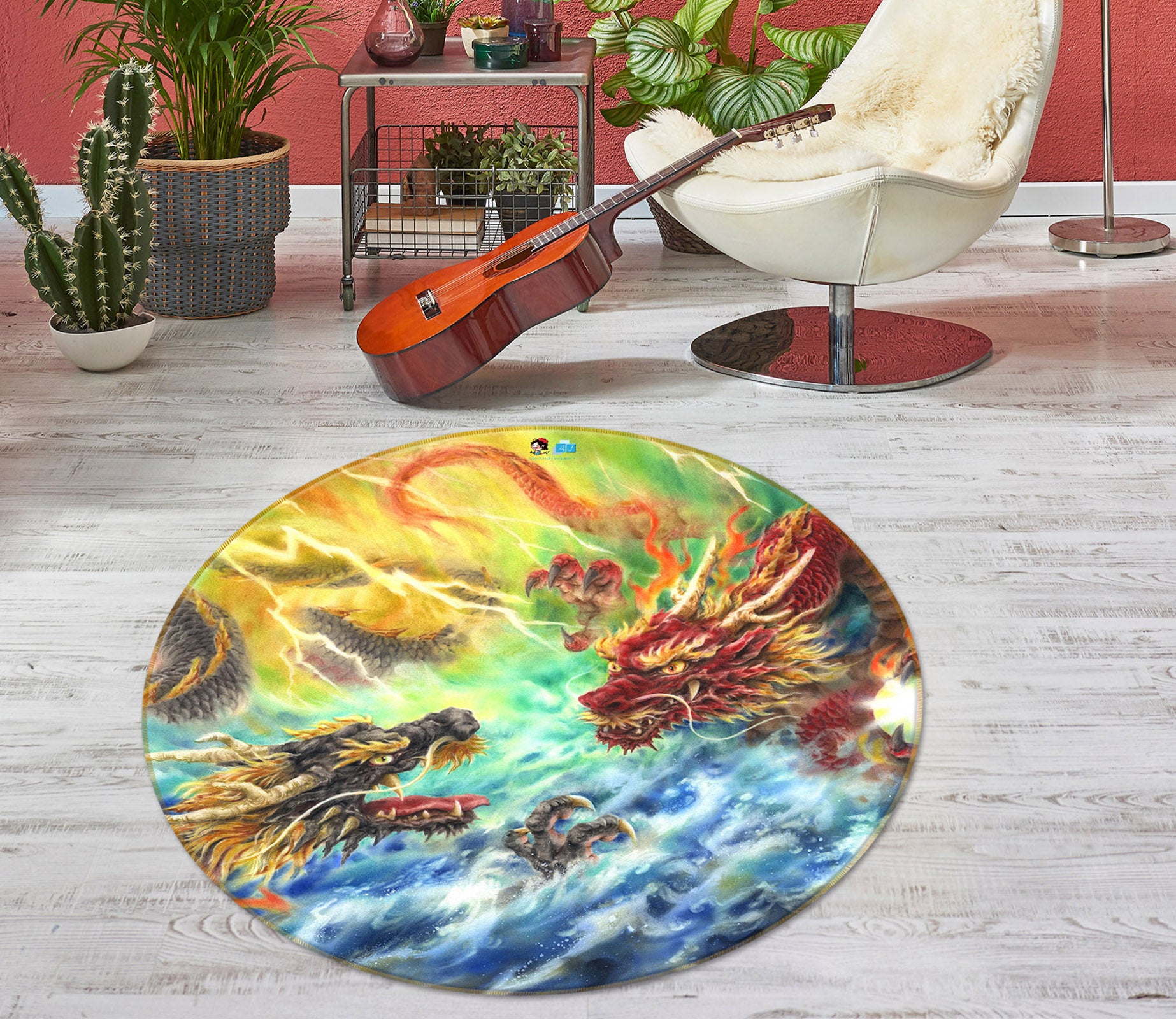 3D Red Dragon 6029 Kayomi Harai Rug Round Non Slip Rug Mat