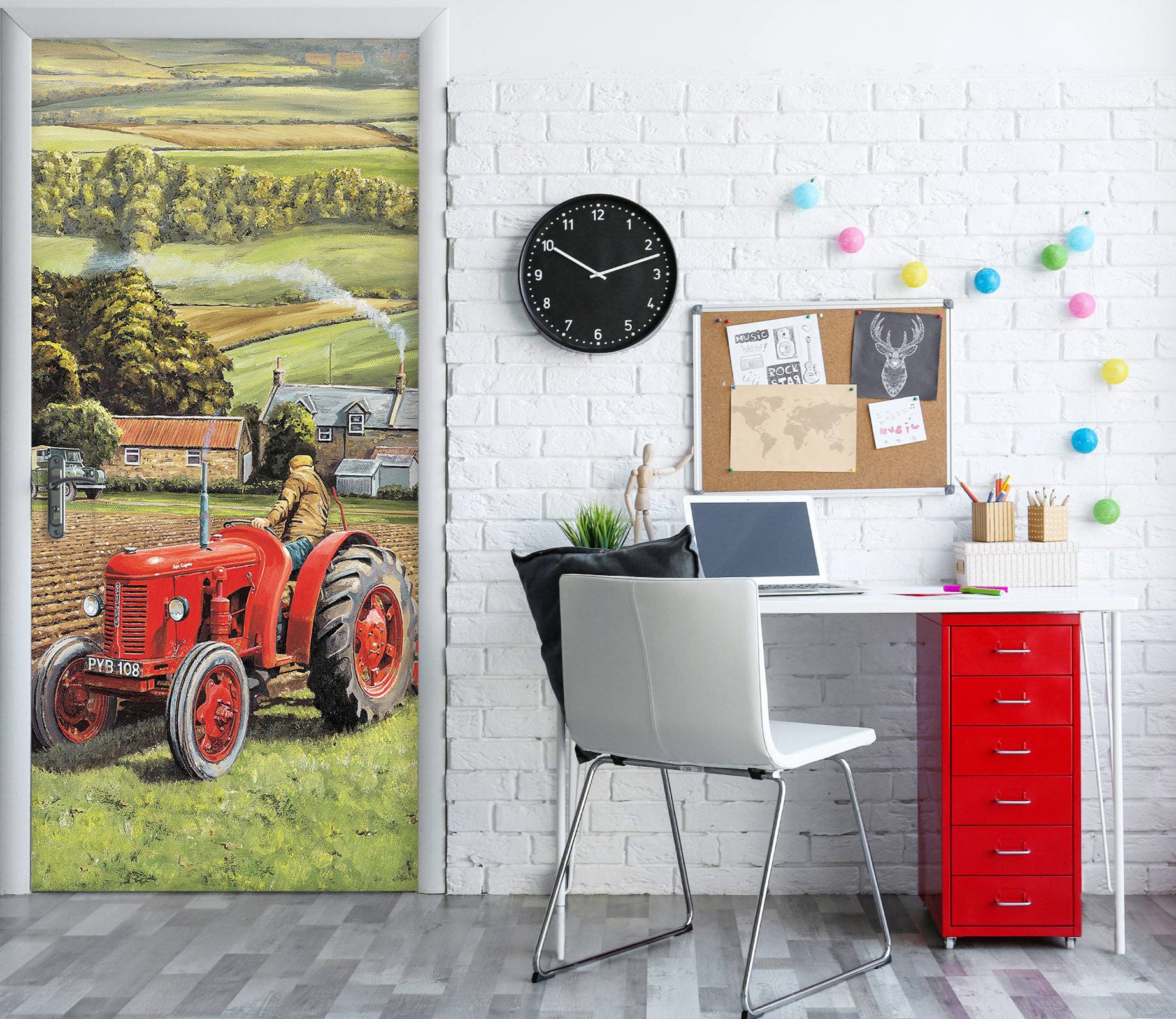 3D Hillside Meadow Red Tractor 10393 Trevor Mitchell Door Mural