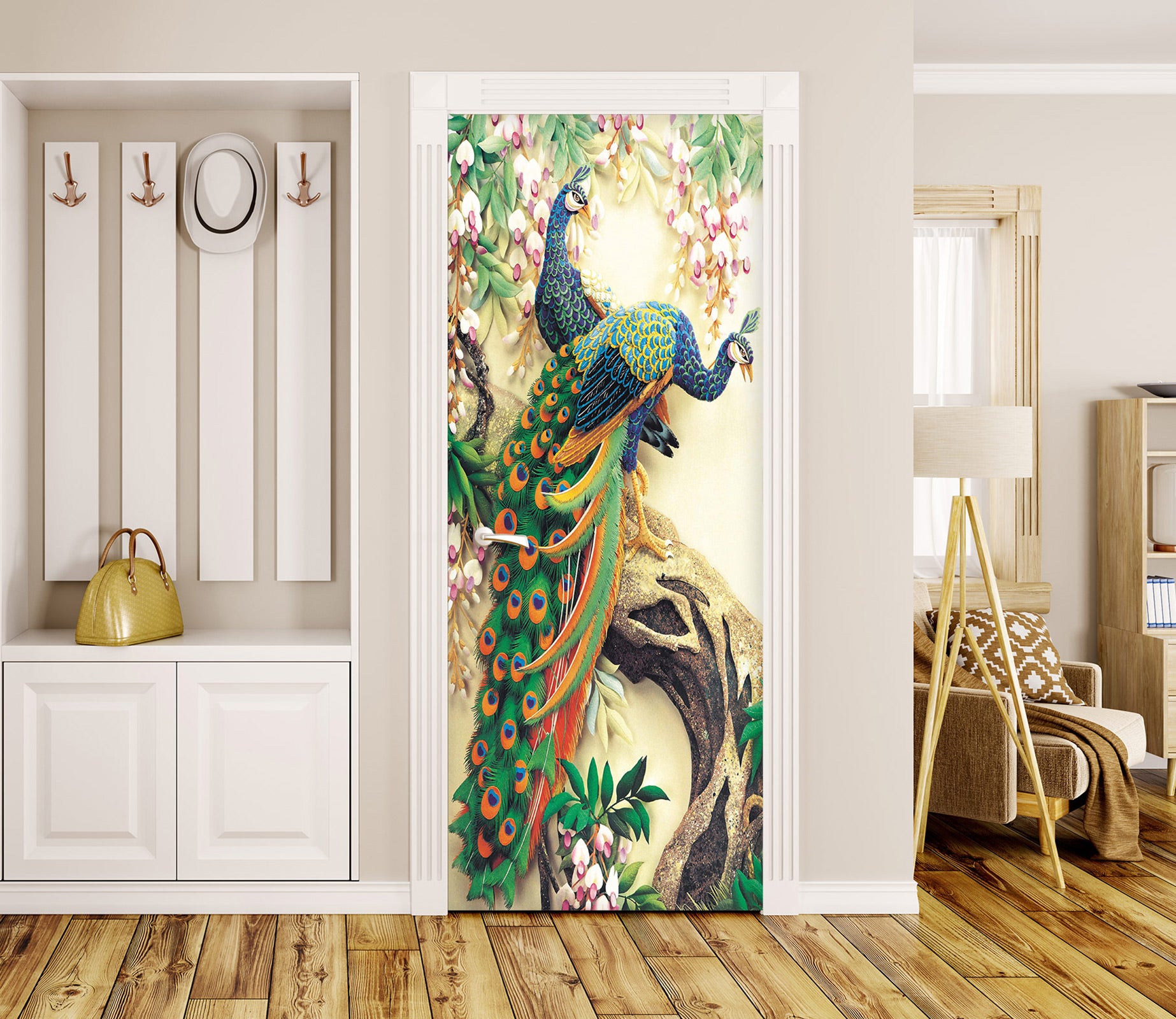 3D Green Peacock Tree 242 Door Mural