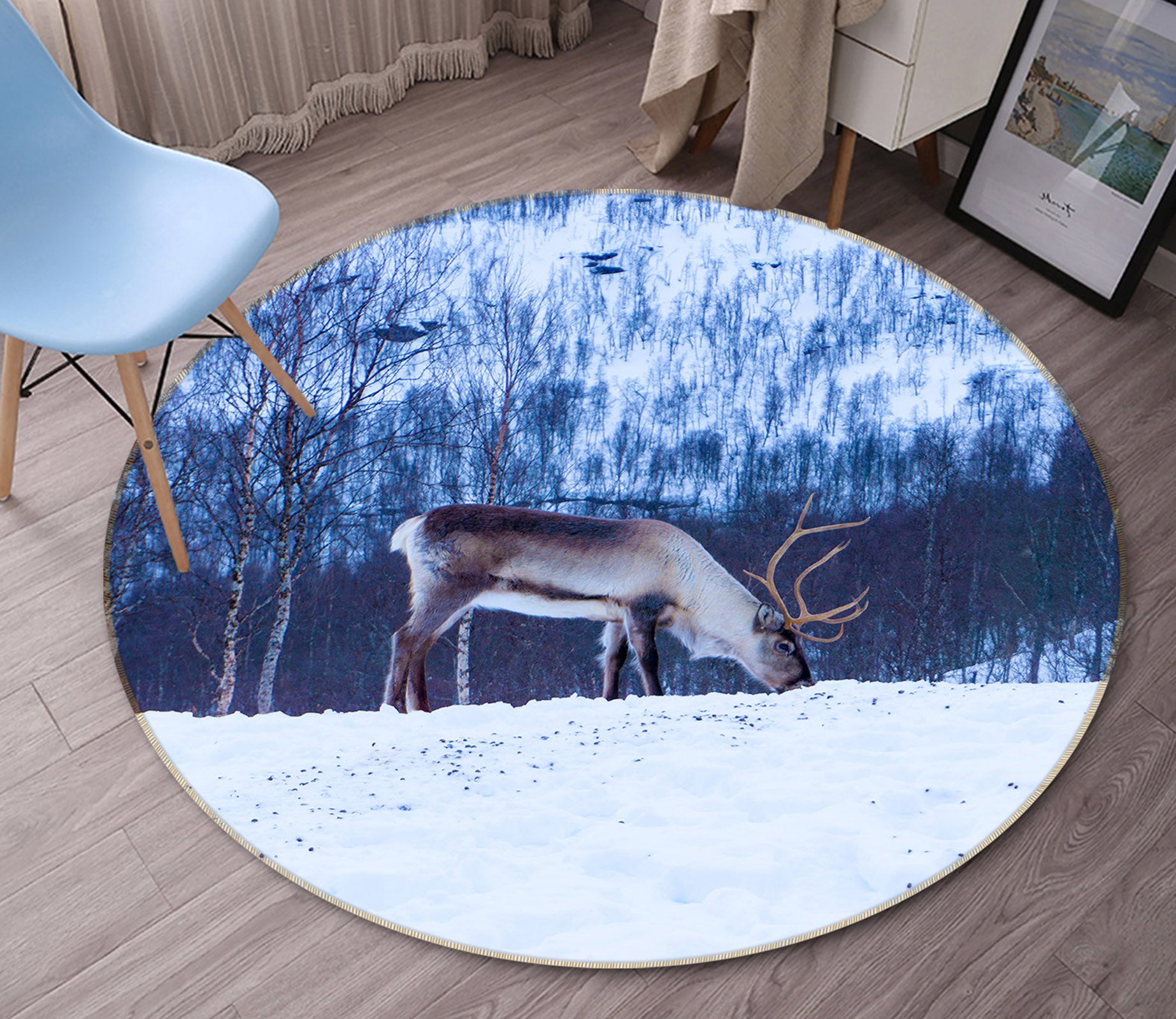 3D Snow Elk 38072 Animal Round Non Slip Rug Mat