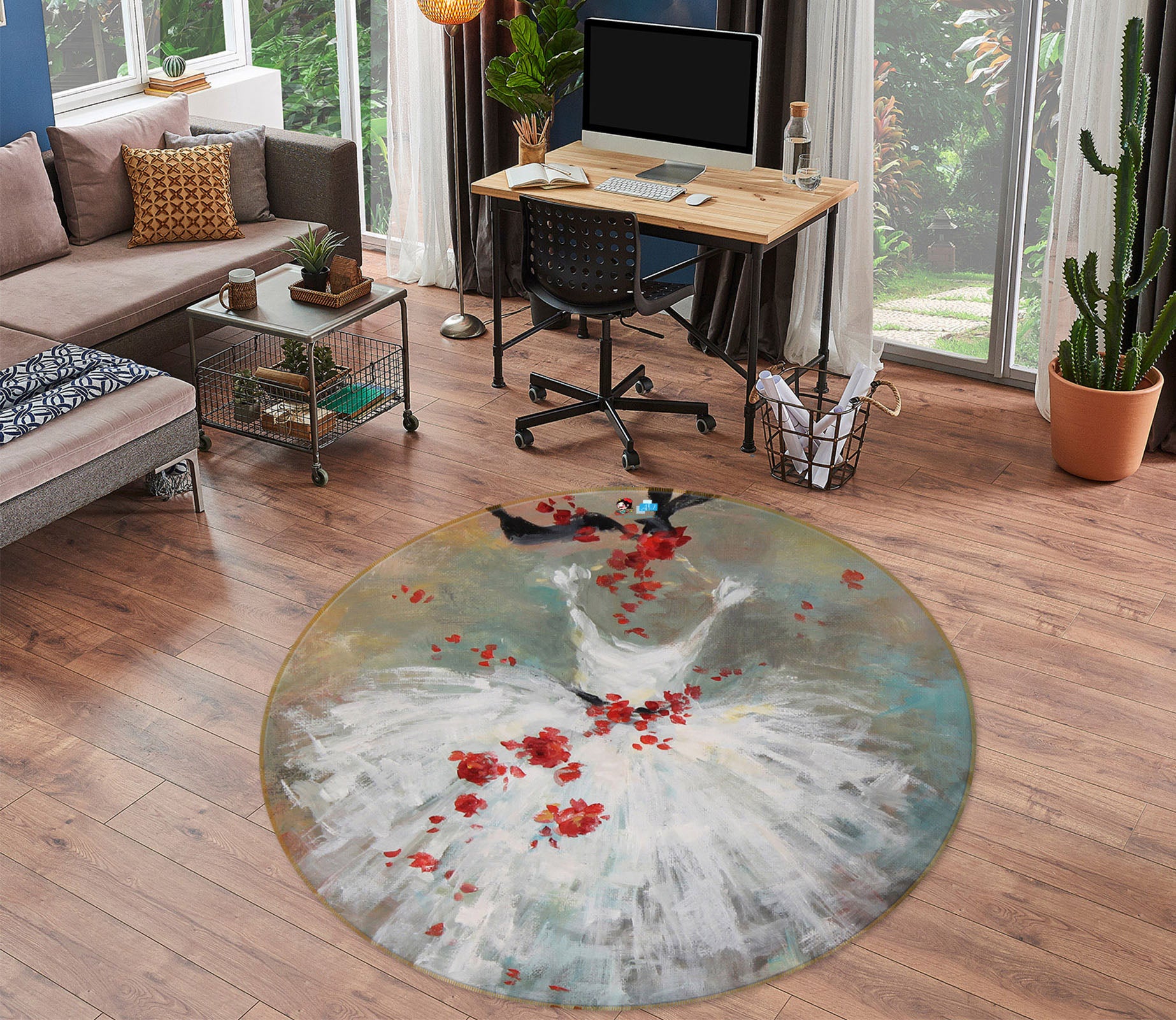 3D Red Petals White Dress 1113 Debi Coules Rug Round Non Slip Rug Mat