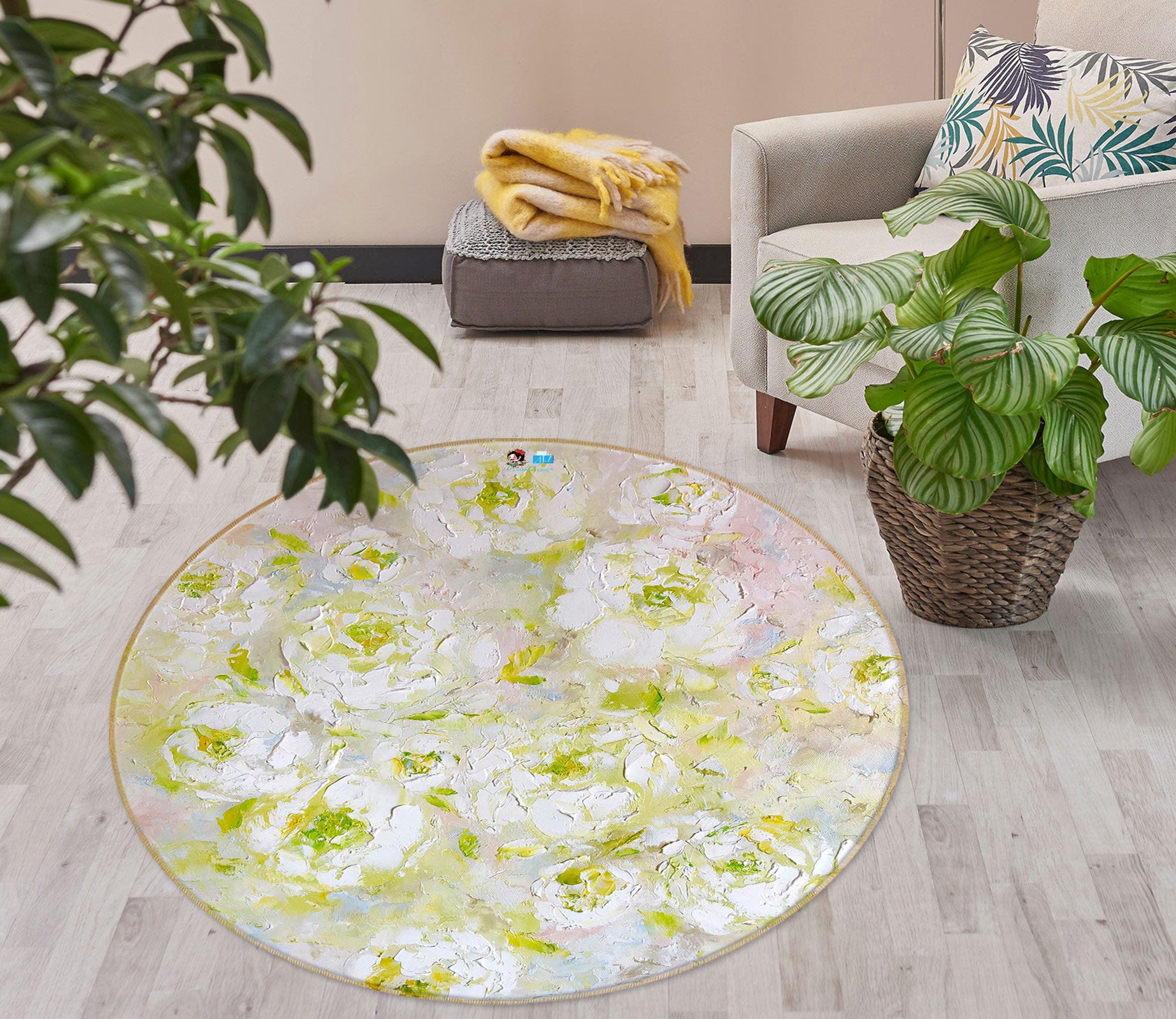 3D Pigment White Flower 8050 Skromova Marina Rug Round Non Slip Rug Mat