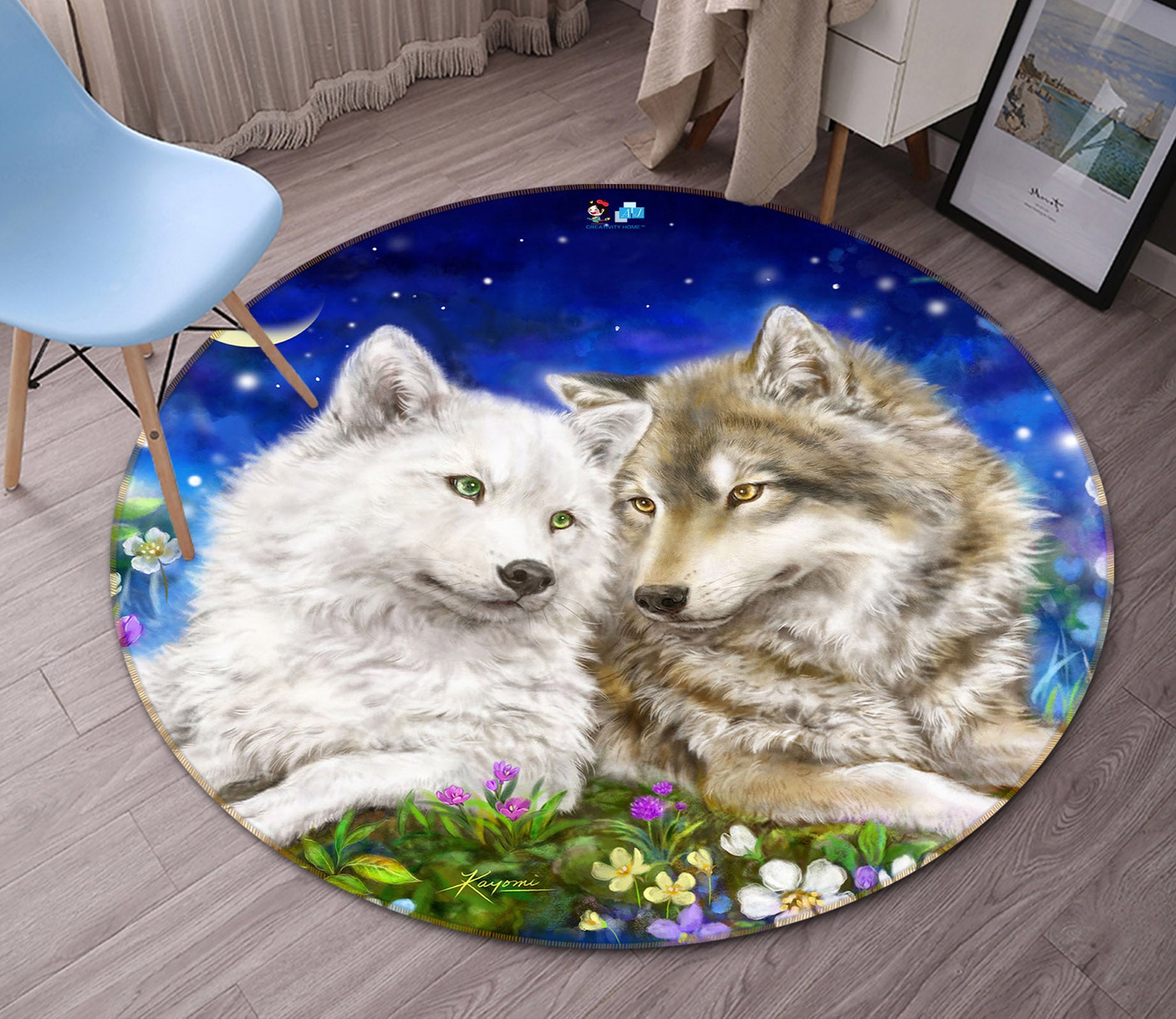 3D Wolf Couple 6031 Kayomi Harai Rug Round Non Slip Rug Mat