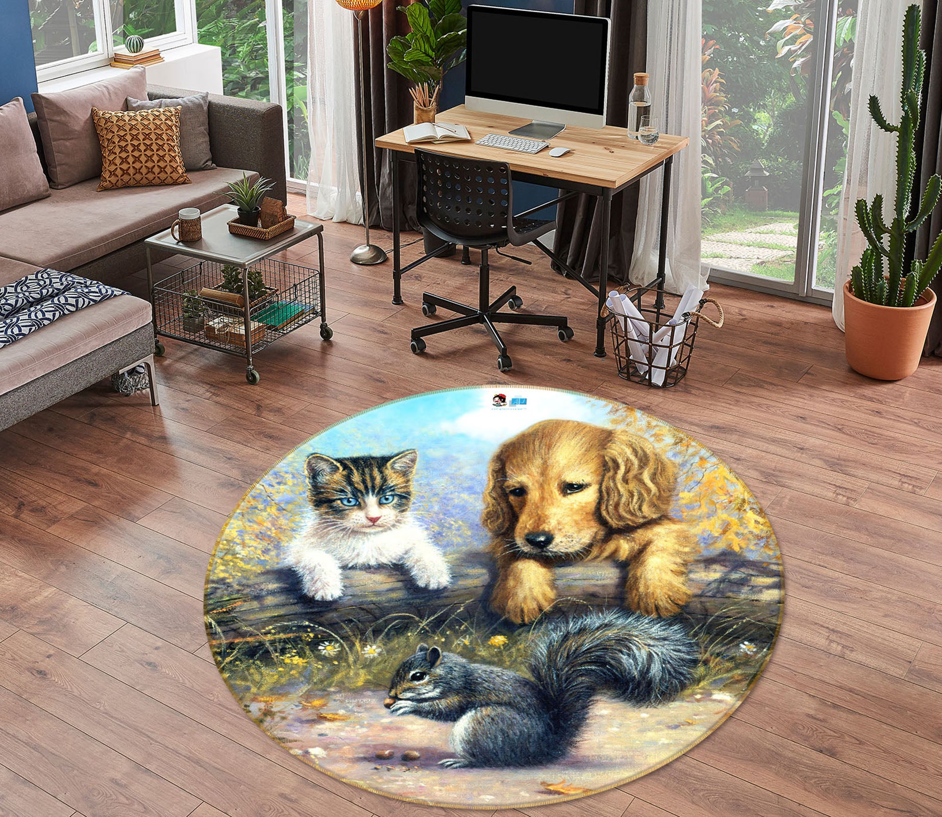 3D Squirrel Dog 032 Kevin Walsh Rug Round Non Slip Rug Mat